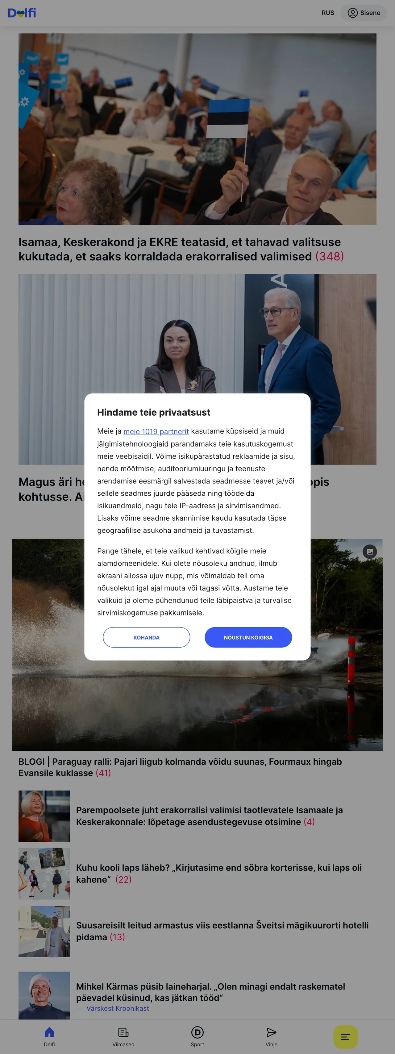 Screenshot of the Delfi front page