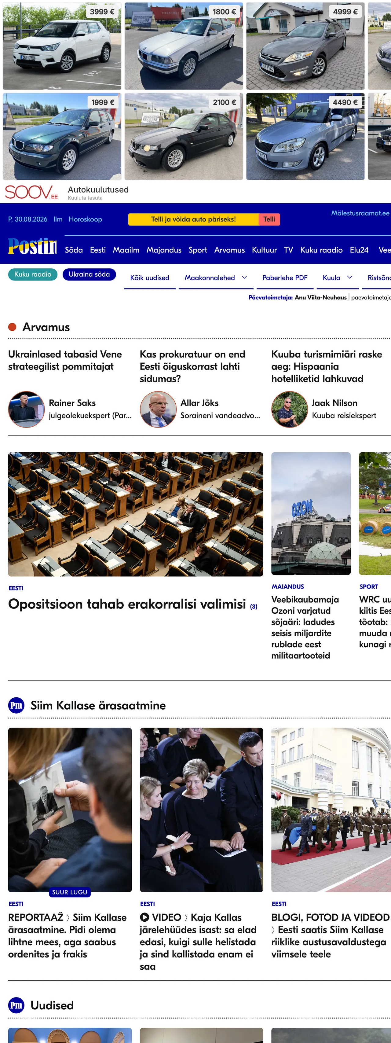 Screenshot of the Postimees front page