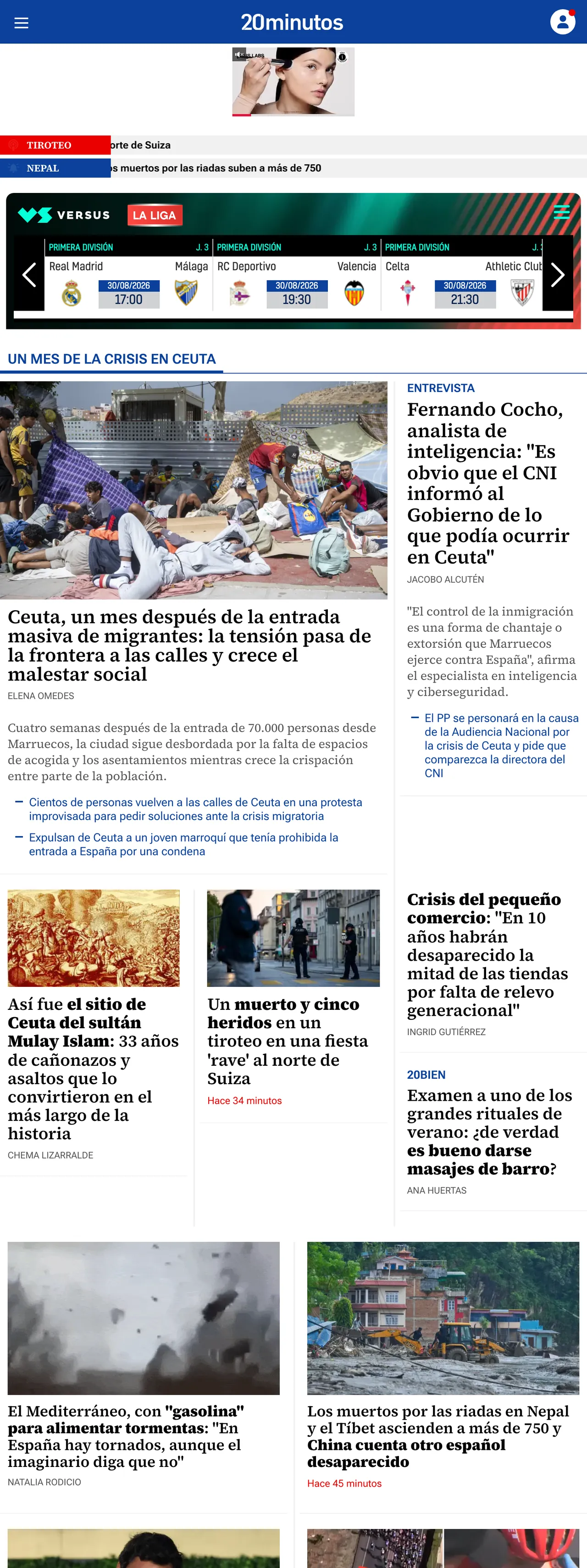 Screenshot of the 20minutos front page
