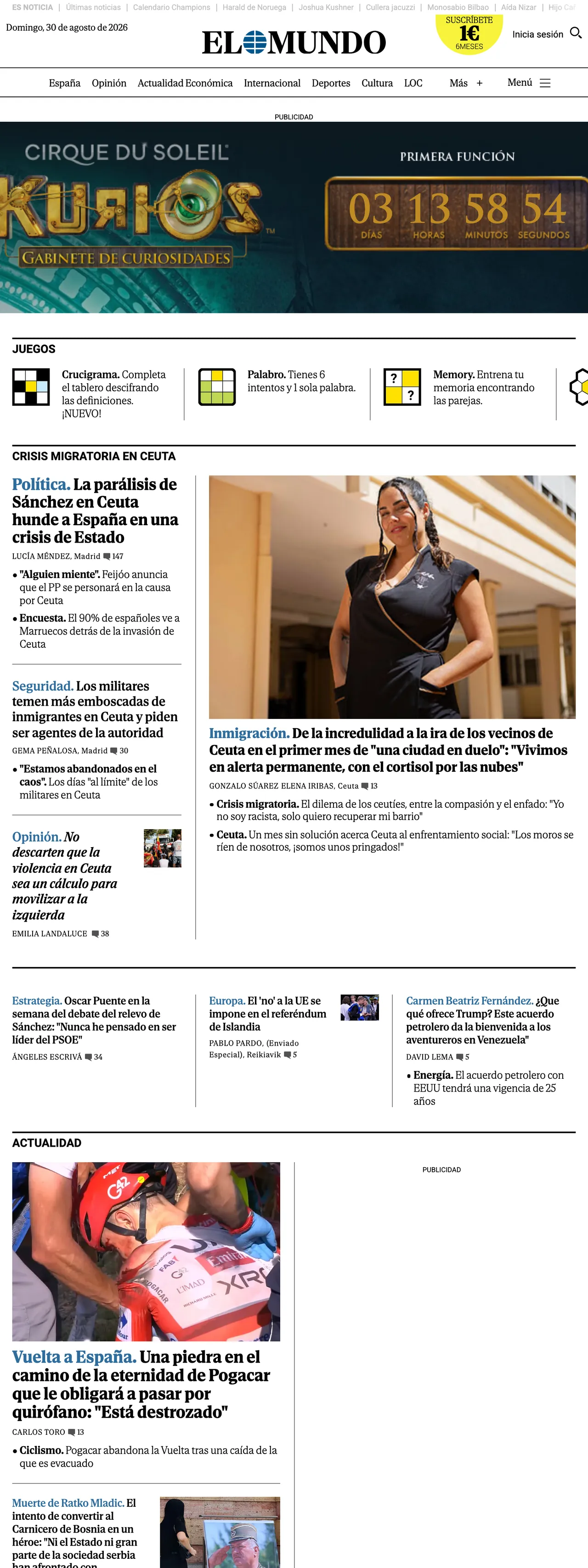 Screenshot of the El Mundo front page