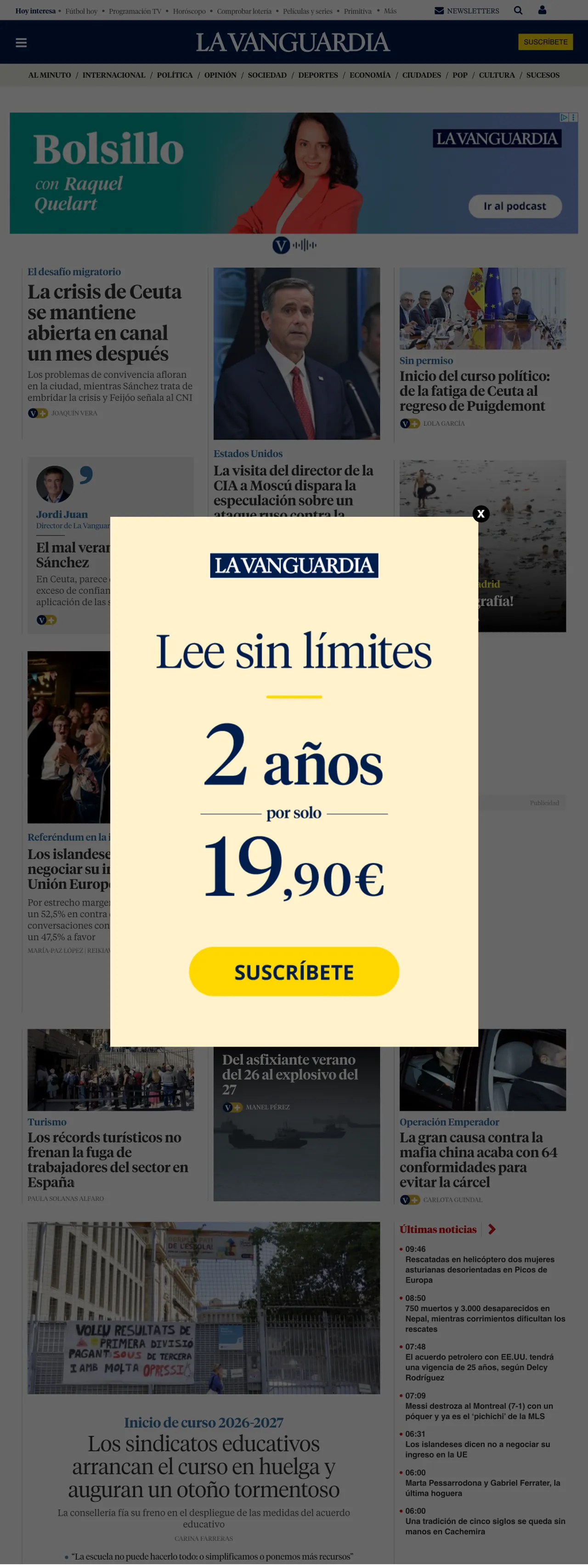 Screenshot of the La Vanguardia front page