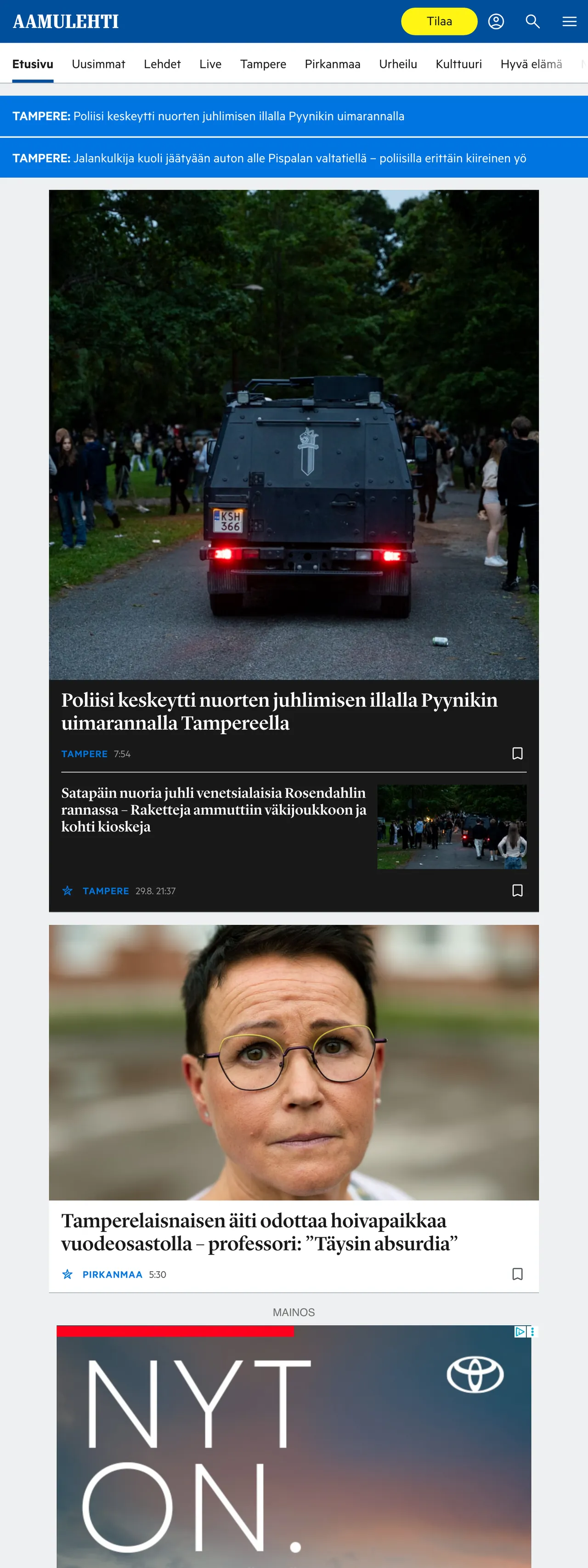 Screenshot of the Aamulehti front page