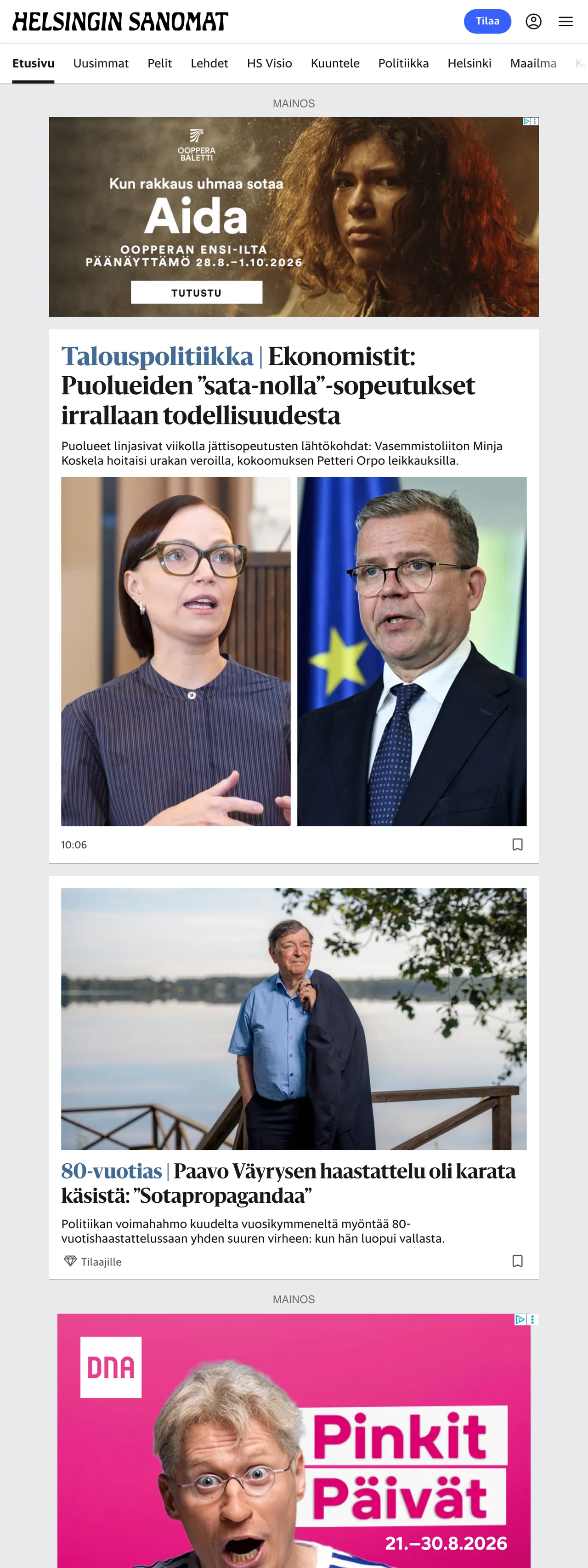 Screenshot of the Helsingin Sanomat front page