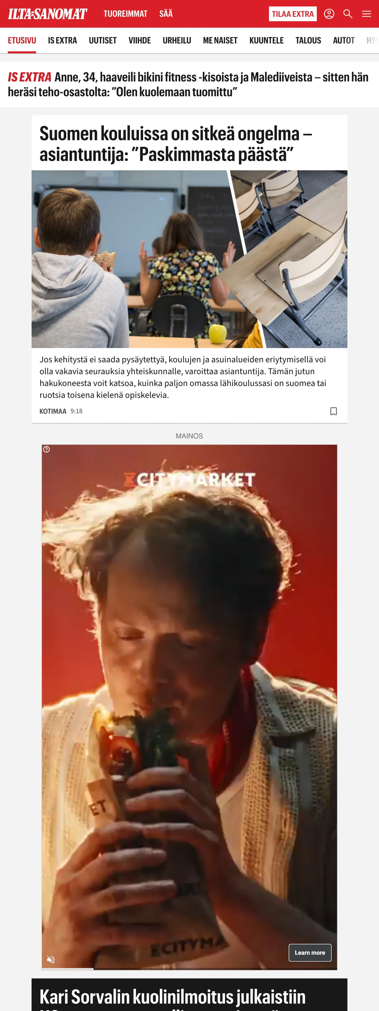 Screenshot of the Ilta-Sanomat front page