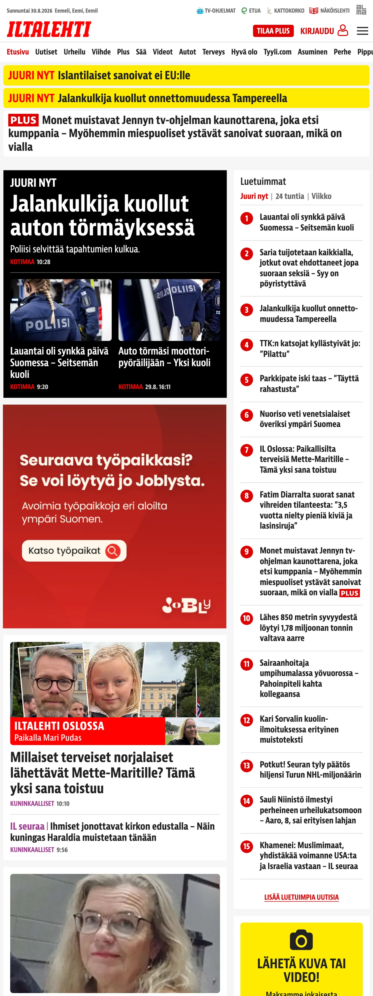Screenshot of the Iltalehti front page