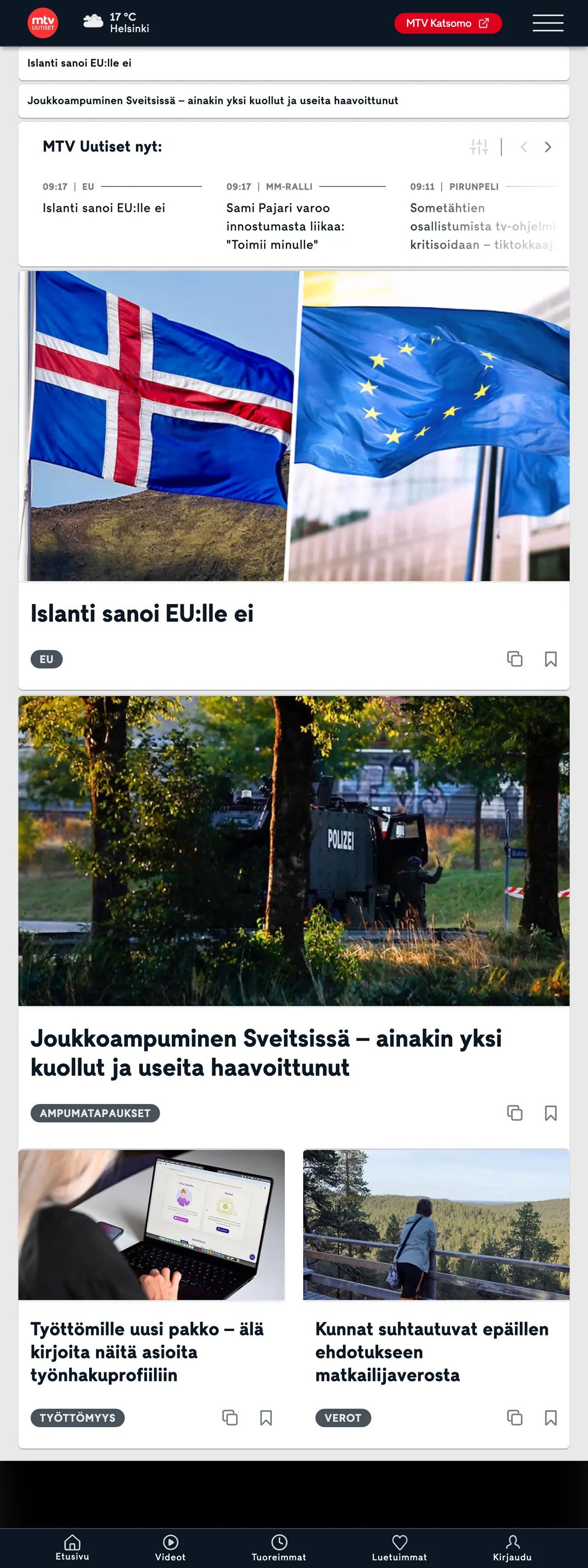 Screenshot of the MTV Uutiset front page