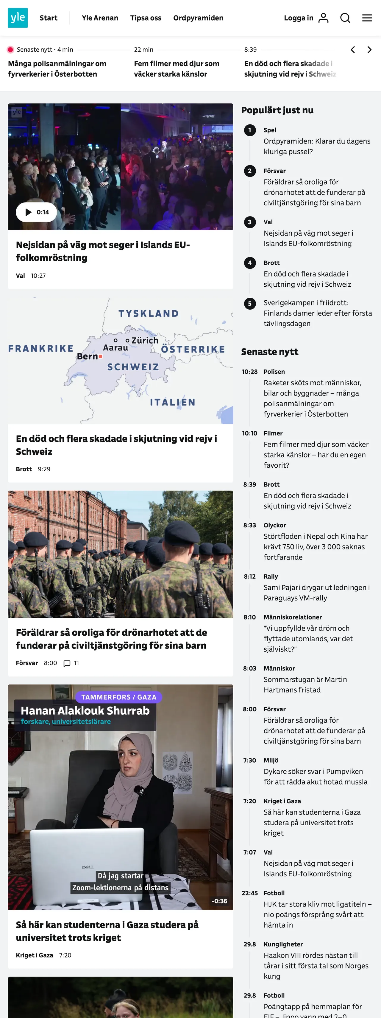 Screenshot of the Svenska Yle front page