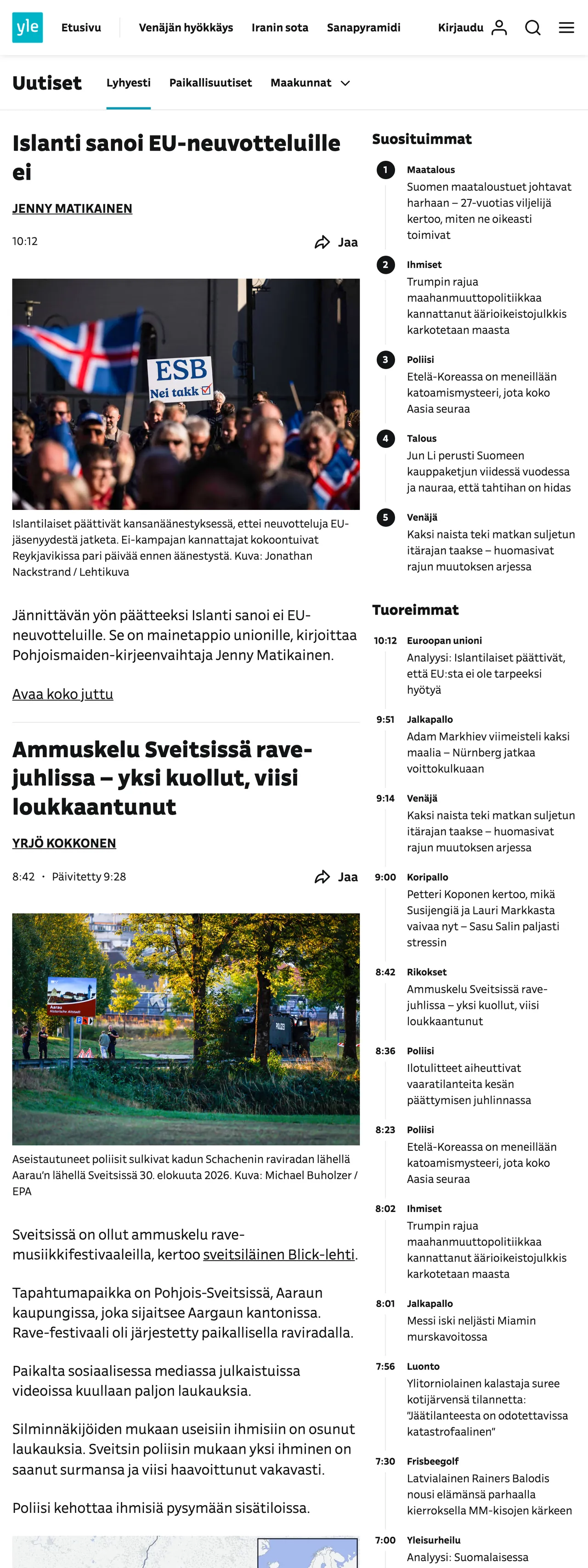 Screenshot of the Yle front page