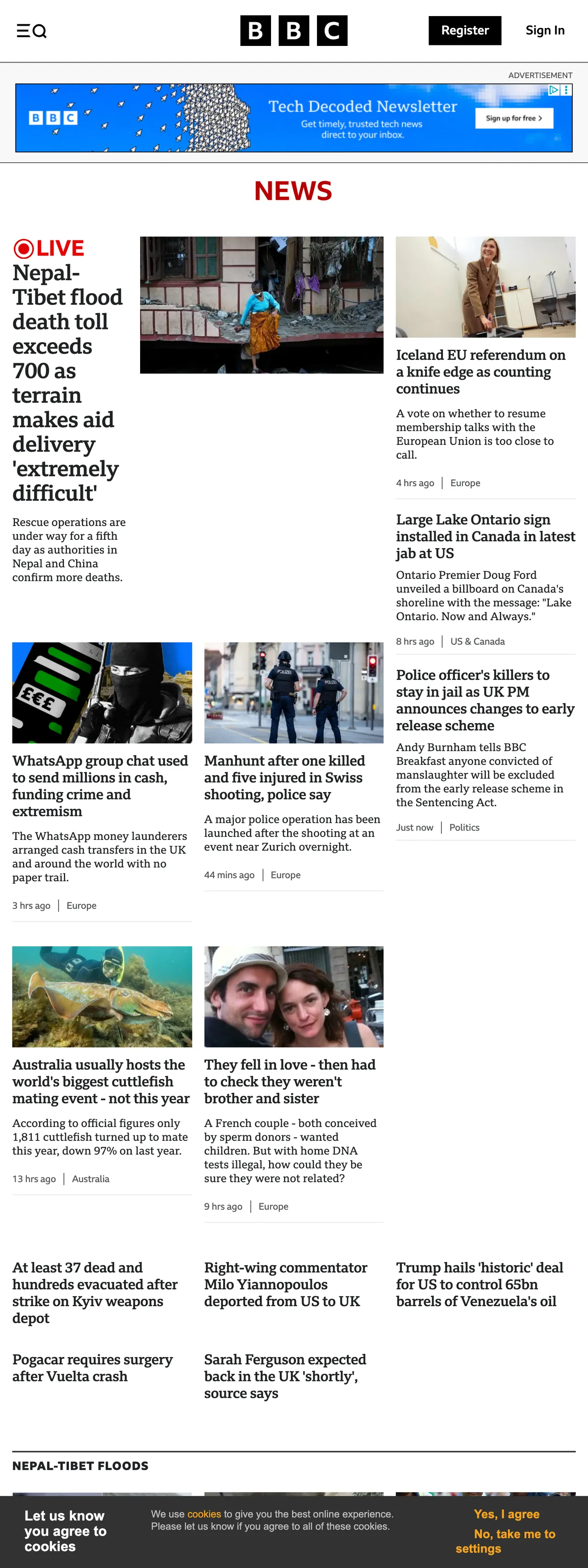 Screenshot of the BBC News front page