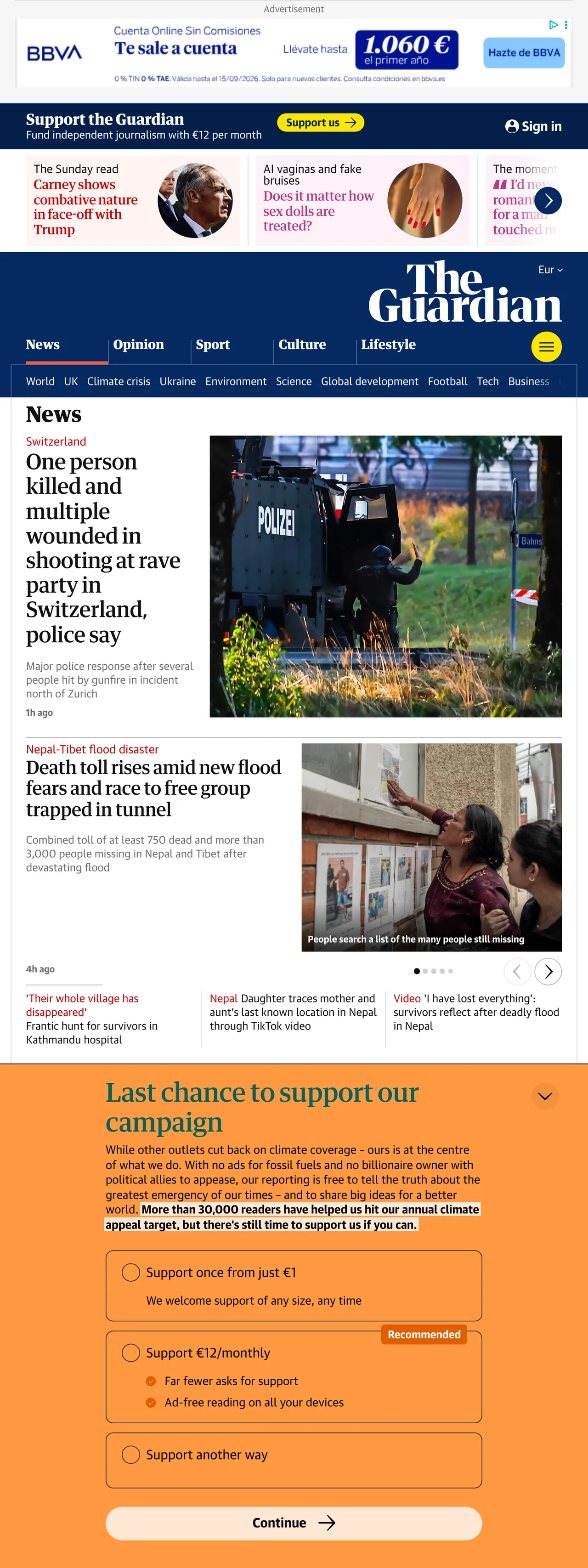 Screenshot of the The Guardian front page