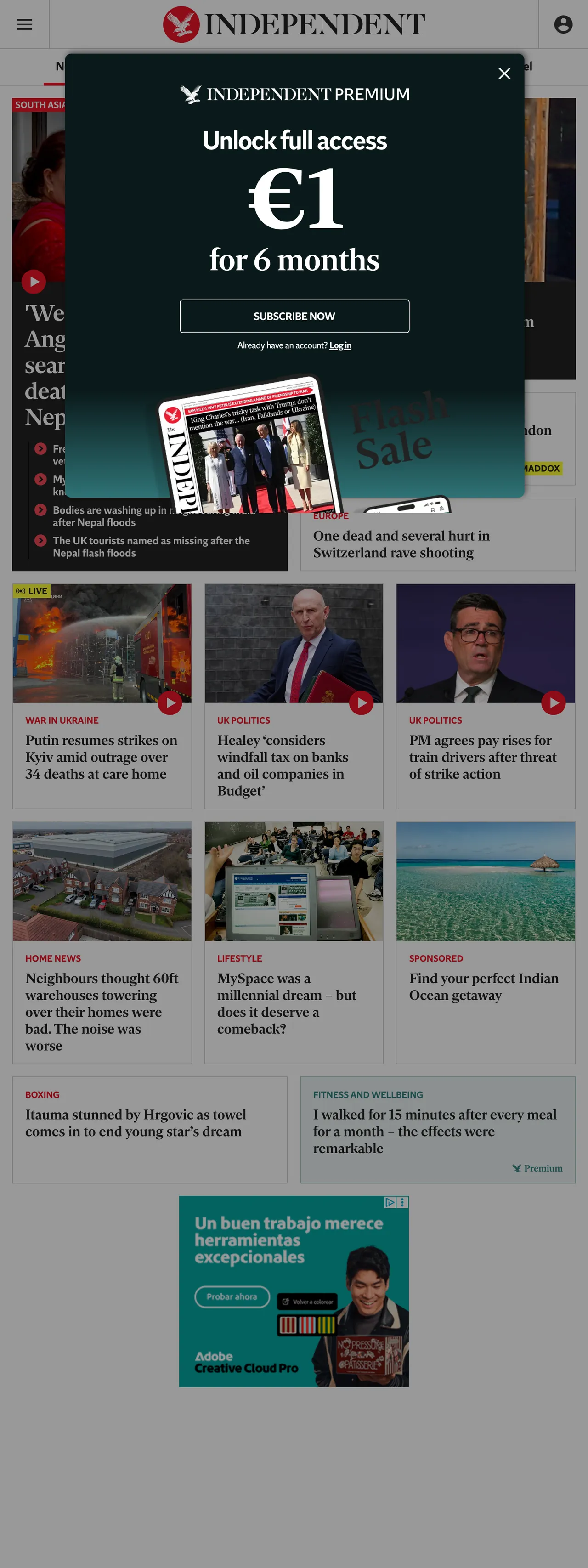 Screenshot of the The Independent front page
