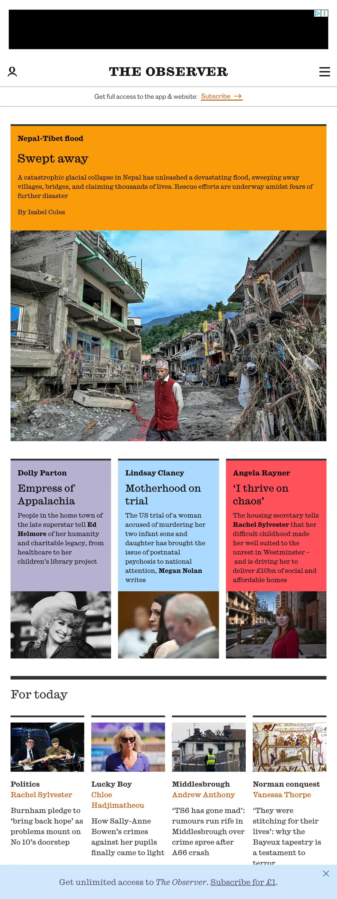 Screenshot of the The Observer front page