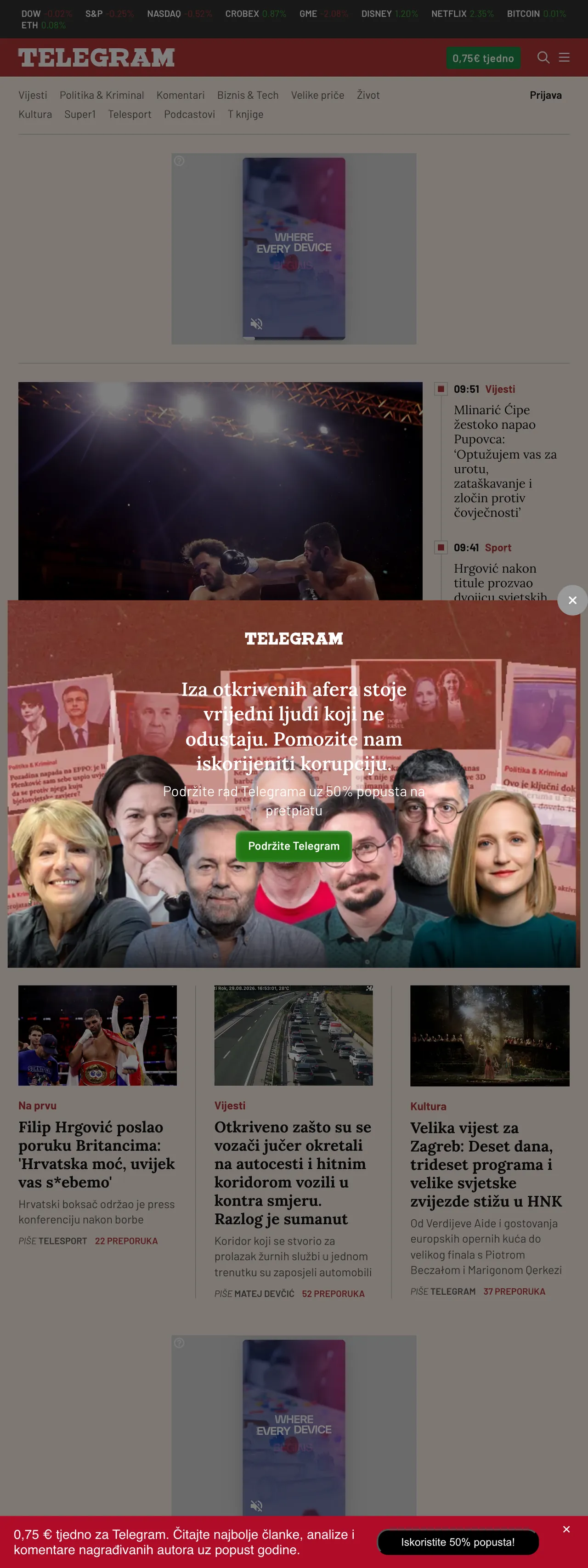 Screenshot of the Telegram.hr front page