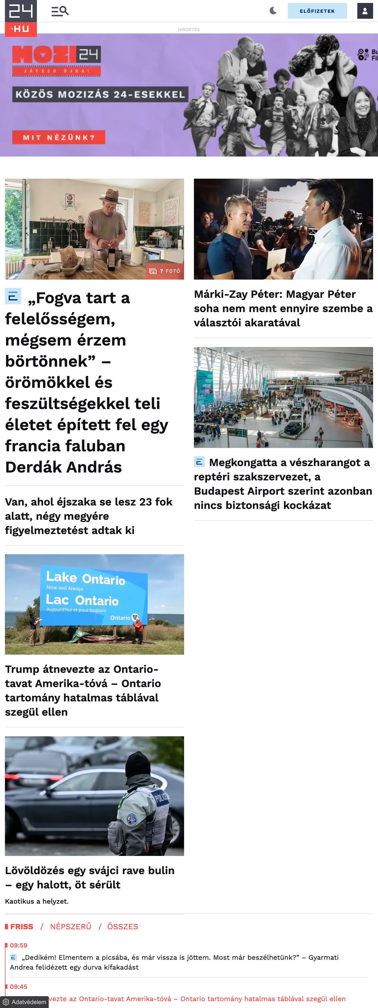 Screenshot of the 24.hu front page