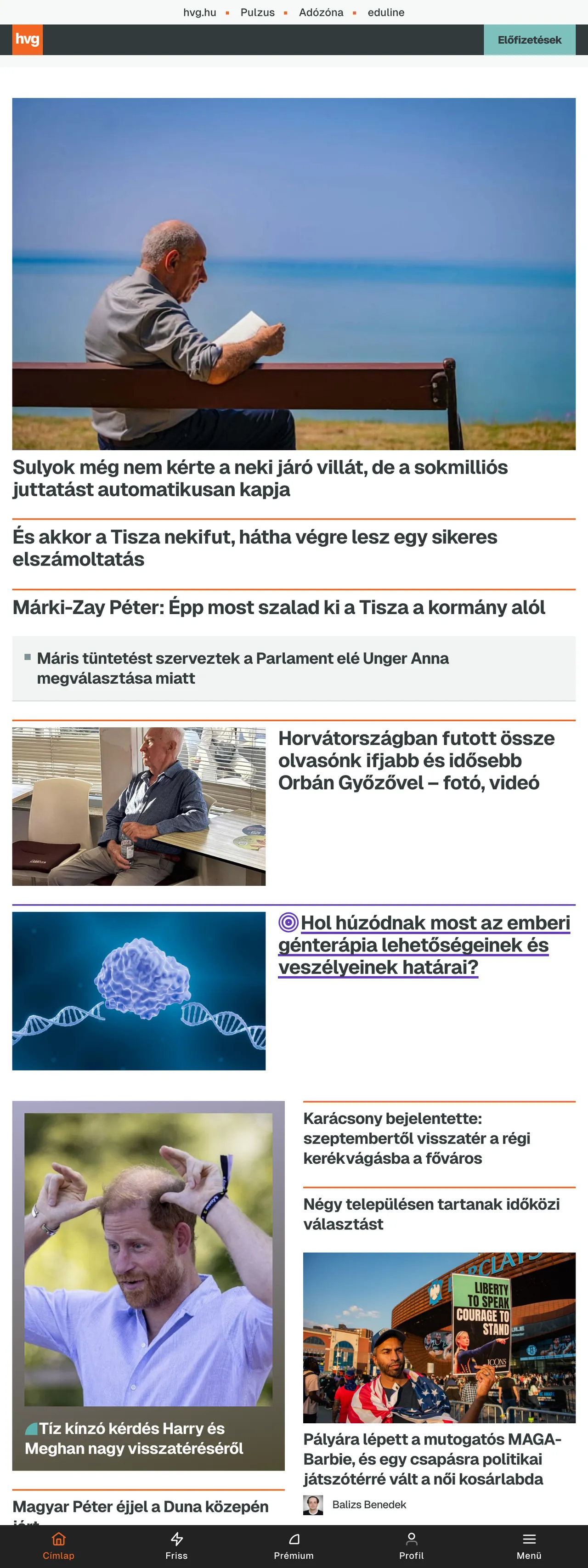 Screenshot of the HVG front page