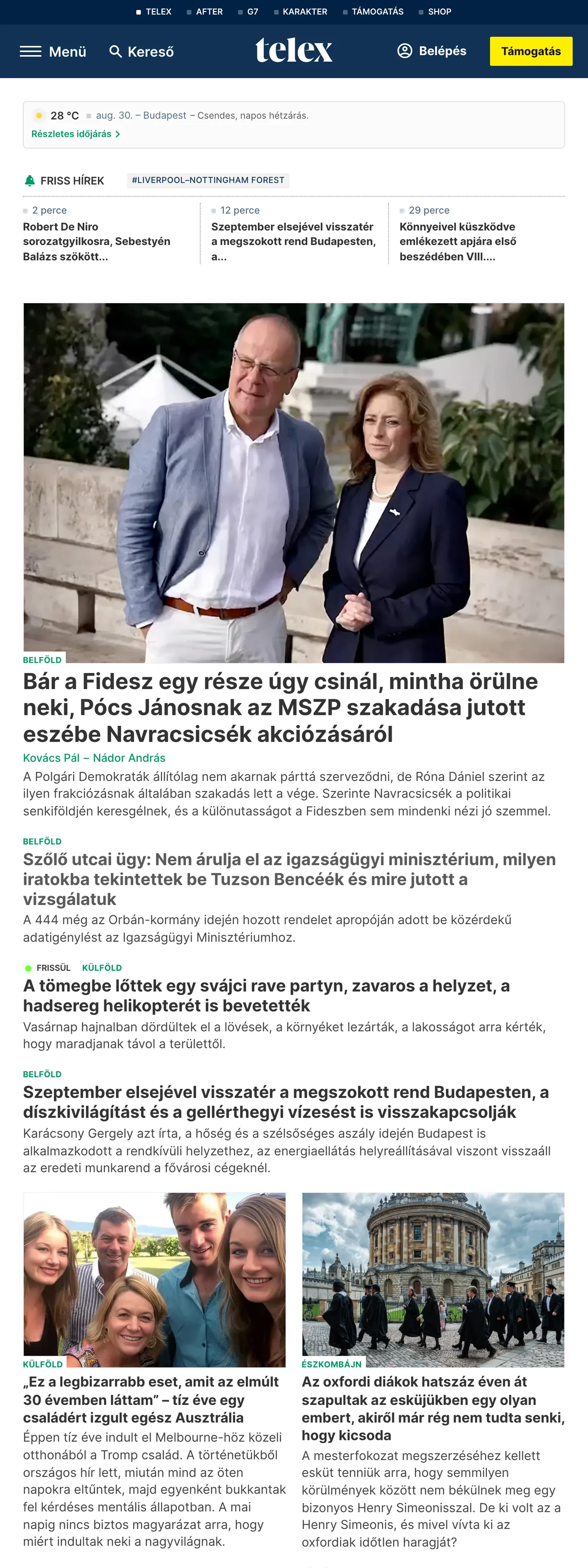Screenshot of the Telex front page