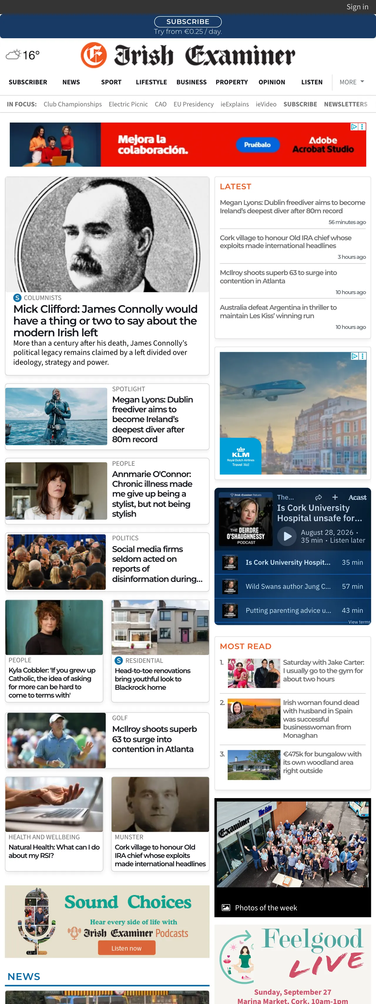 Screenshot of the Irish Examiner front page