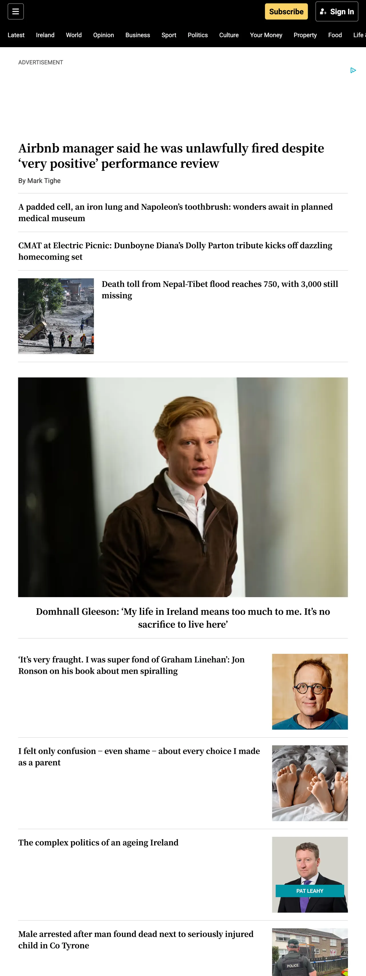Screenshot of the The Irish Times front page