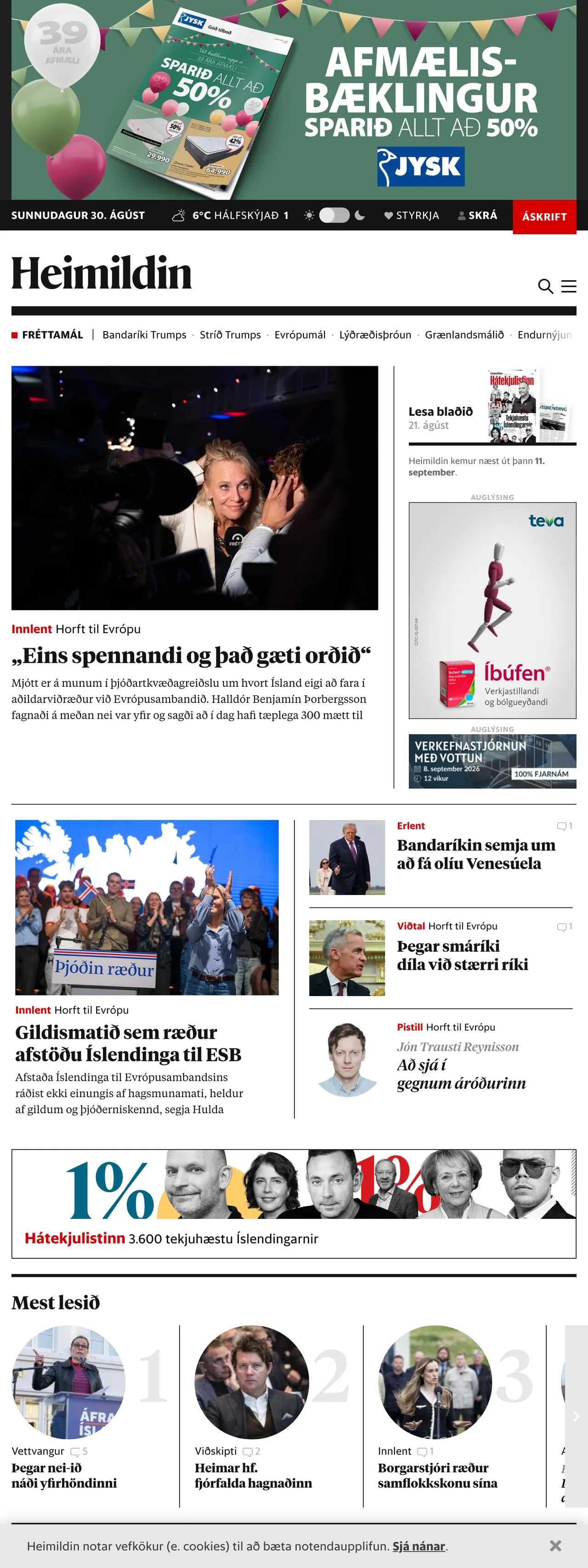 Screenshot of the Heimildin front page