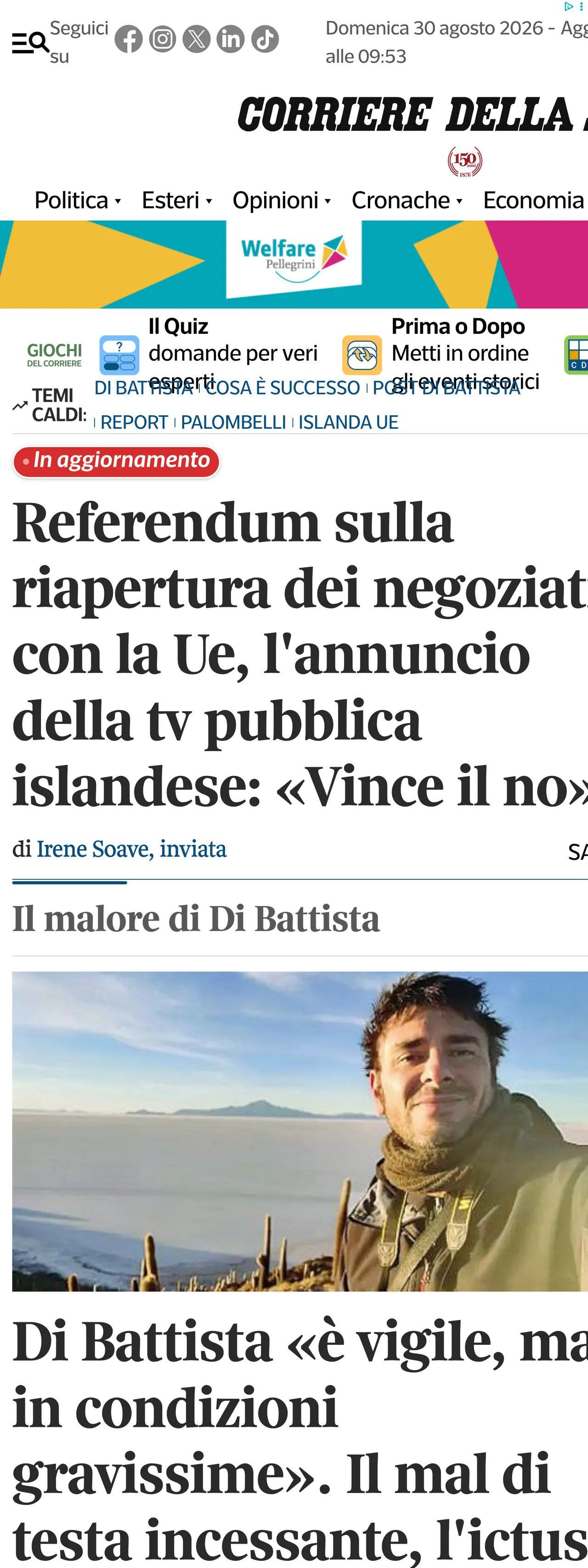 Screenshot of the Corriere della Sera front page