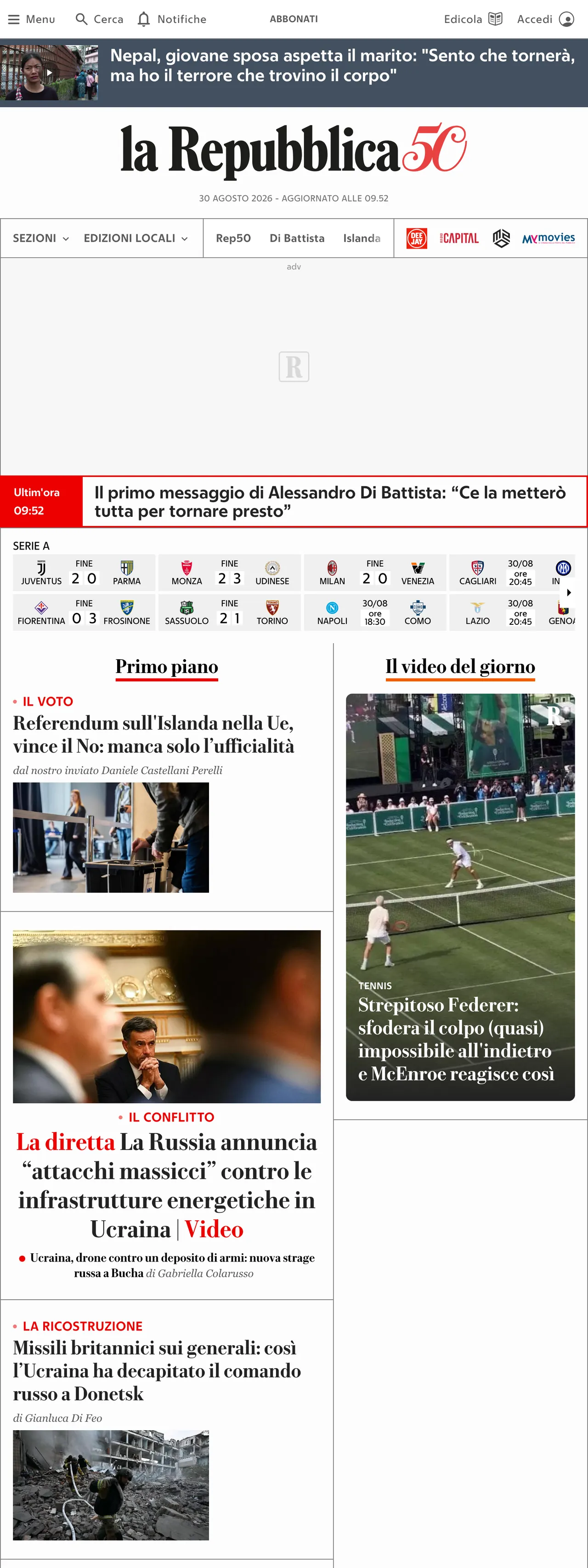 Screenshot of the la Repubblica front page