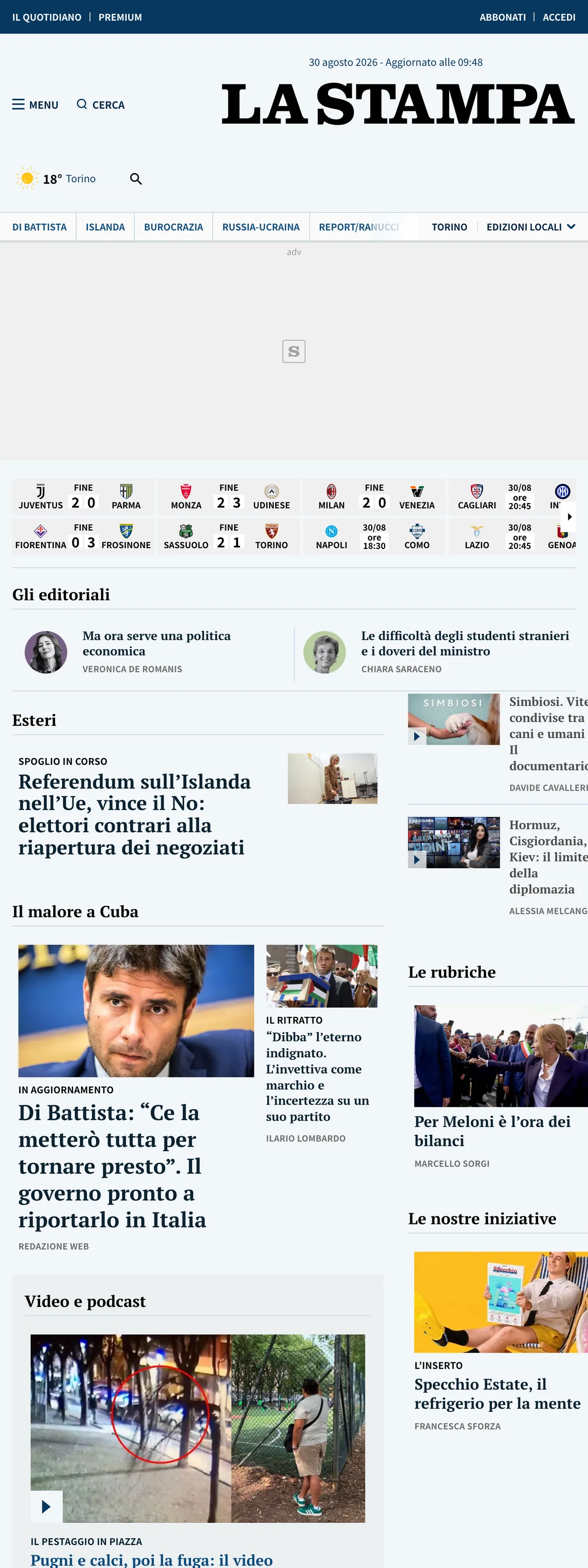 Screenshot of the La Stampa front page