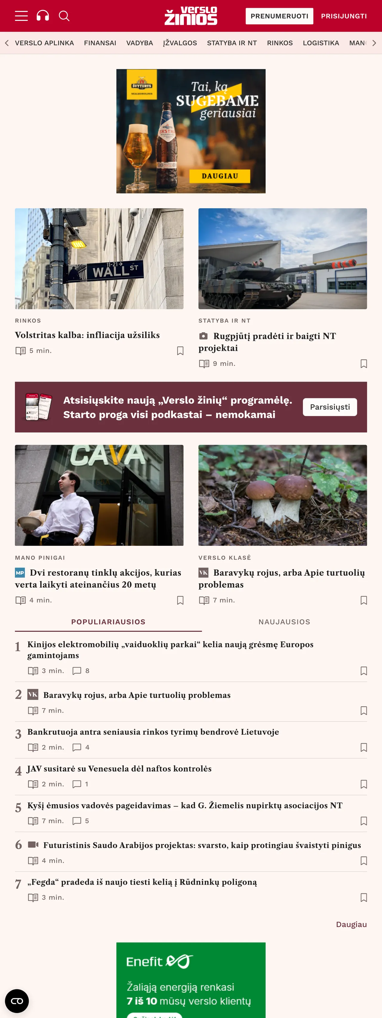Screenshot of the Verslo žinios front page
