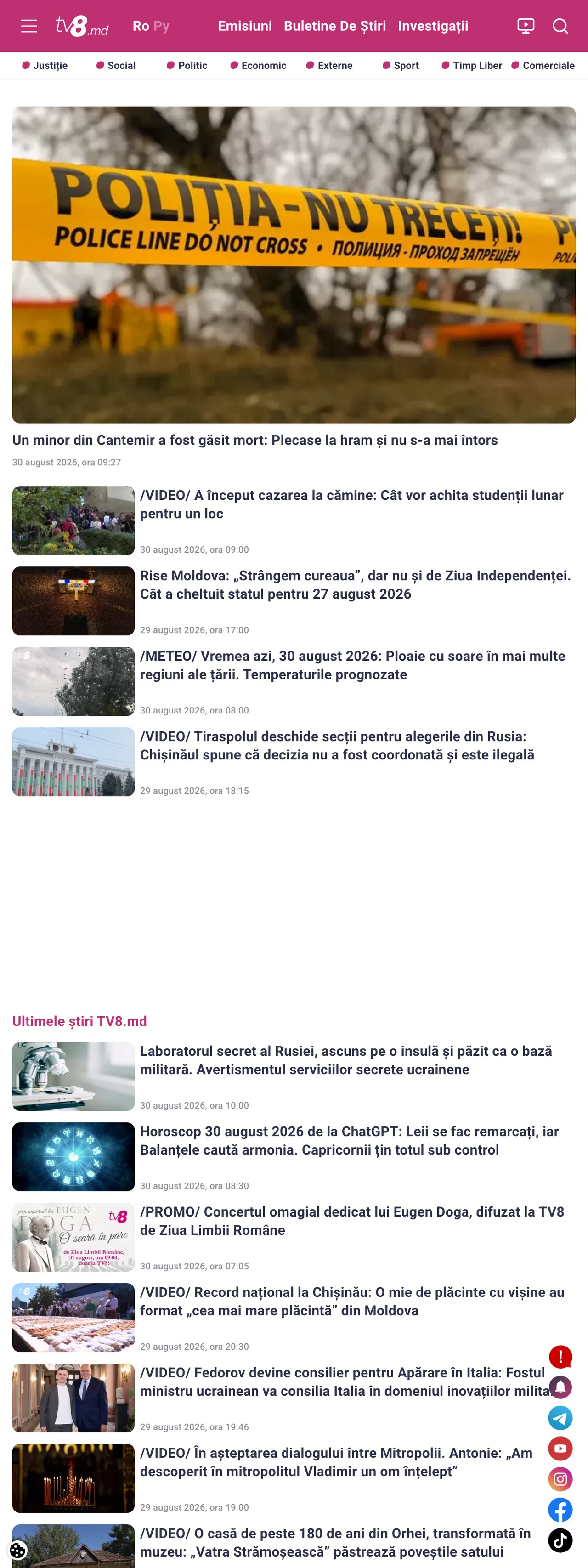 Screenshot of the TV8 front page