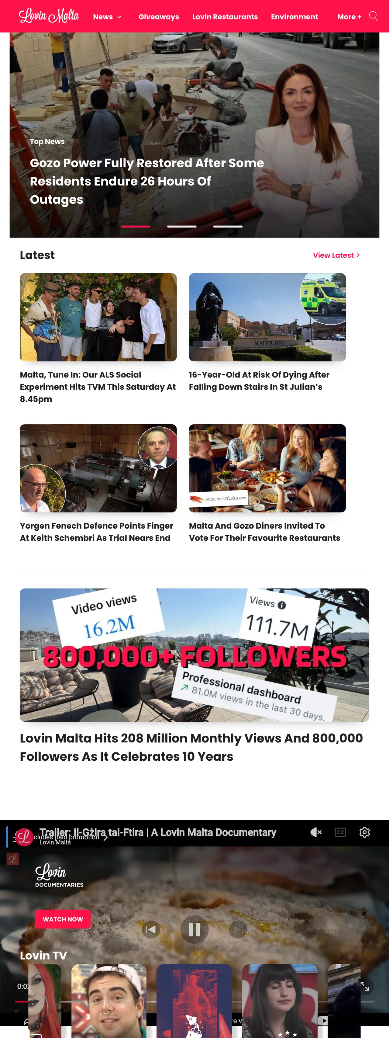 Screenshot of the Lovin Malta front page