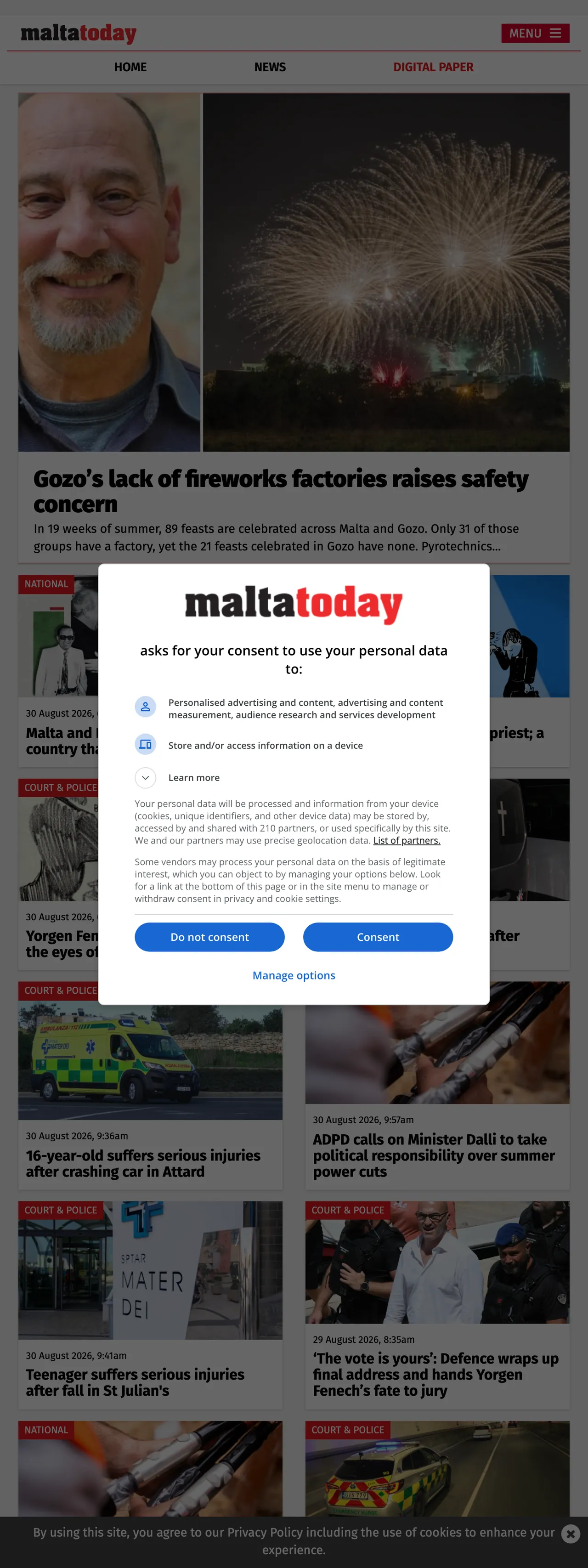 Screenshot of the Malta Today front page