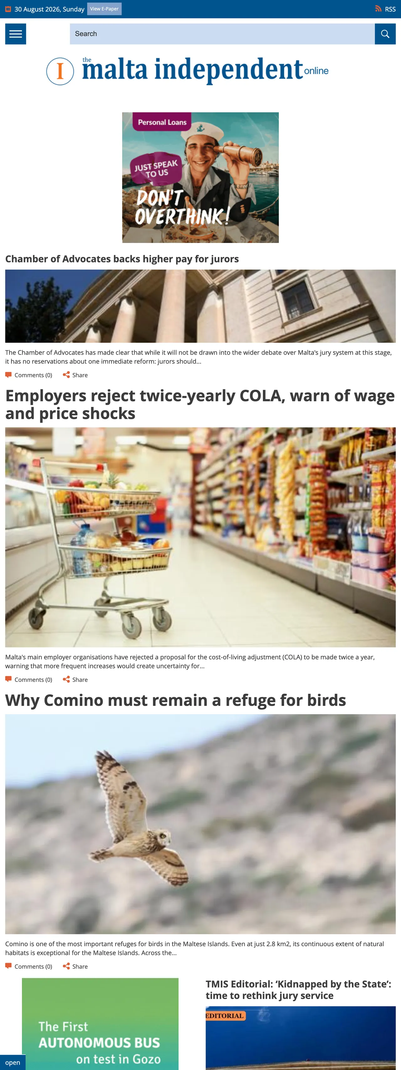 Screenshot of the The Malta Independent front page
