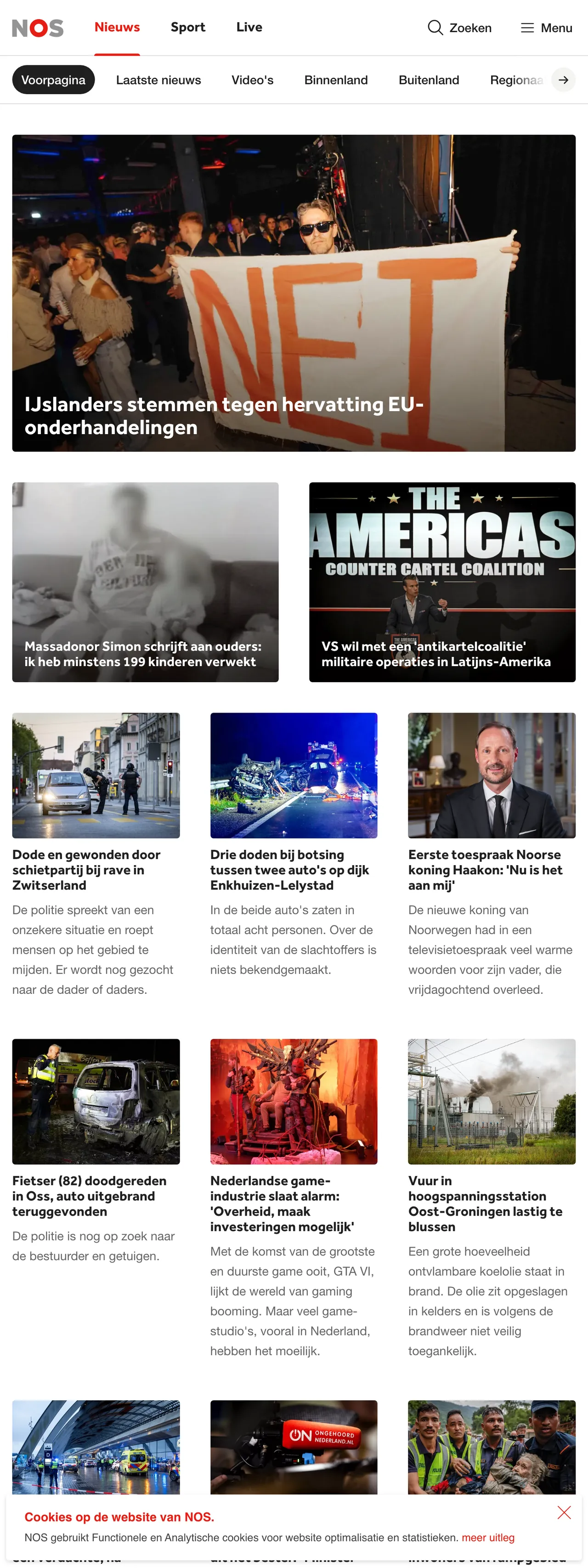 Screenshot of the NOS front page