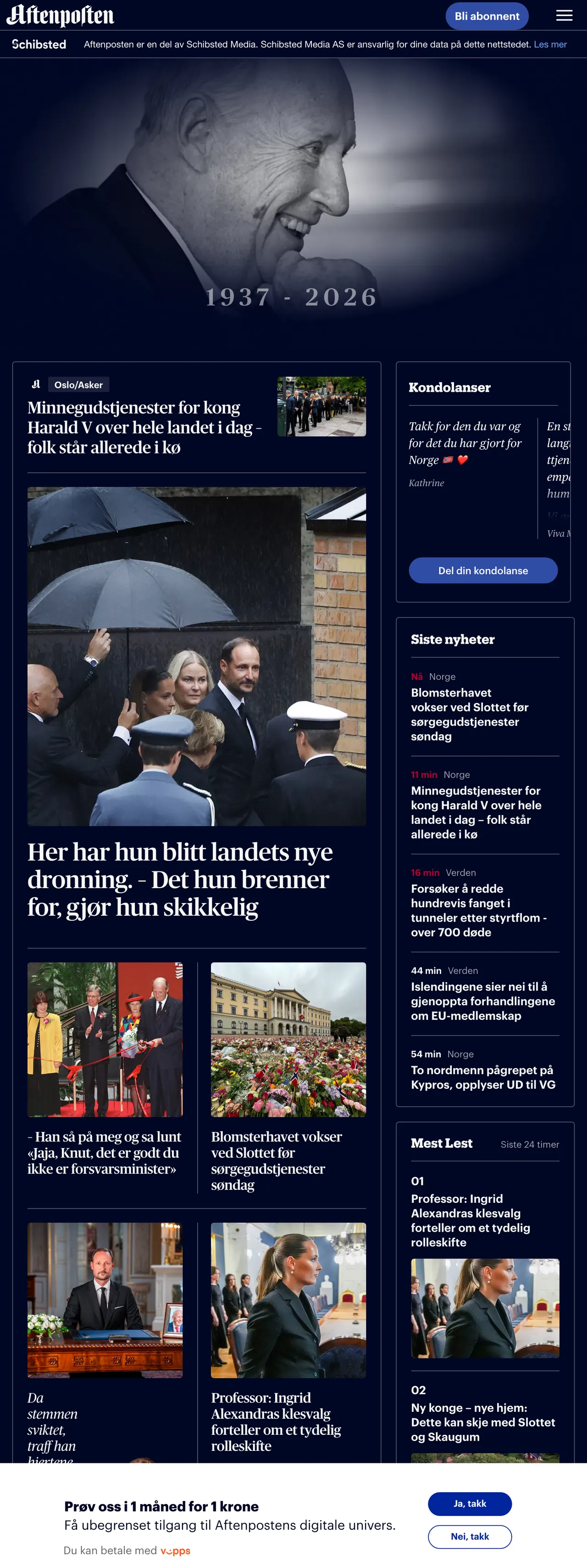 Screenshot of the Aftenposten front page