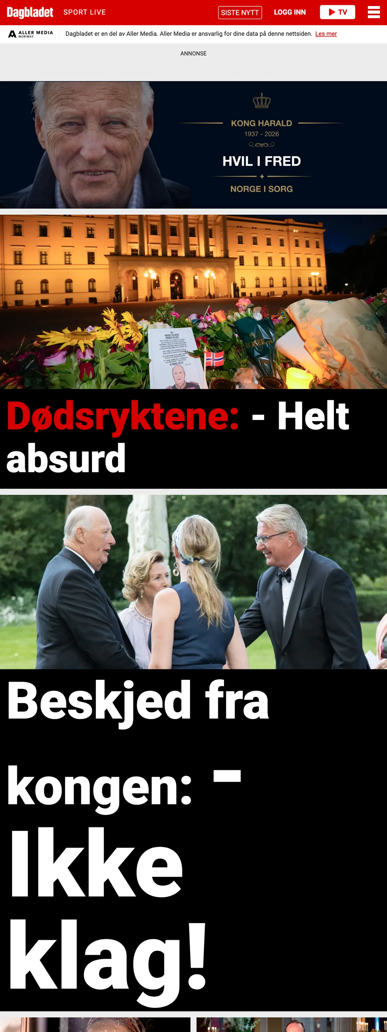 Screenshot of the Dagbladet front page