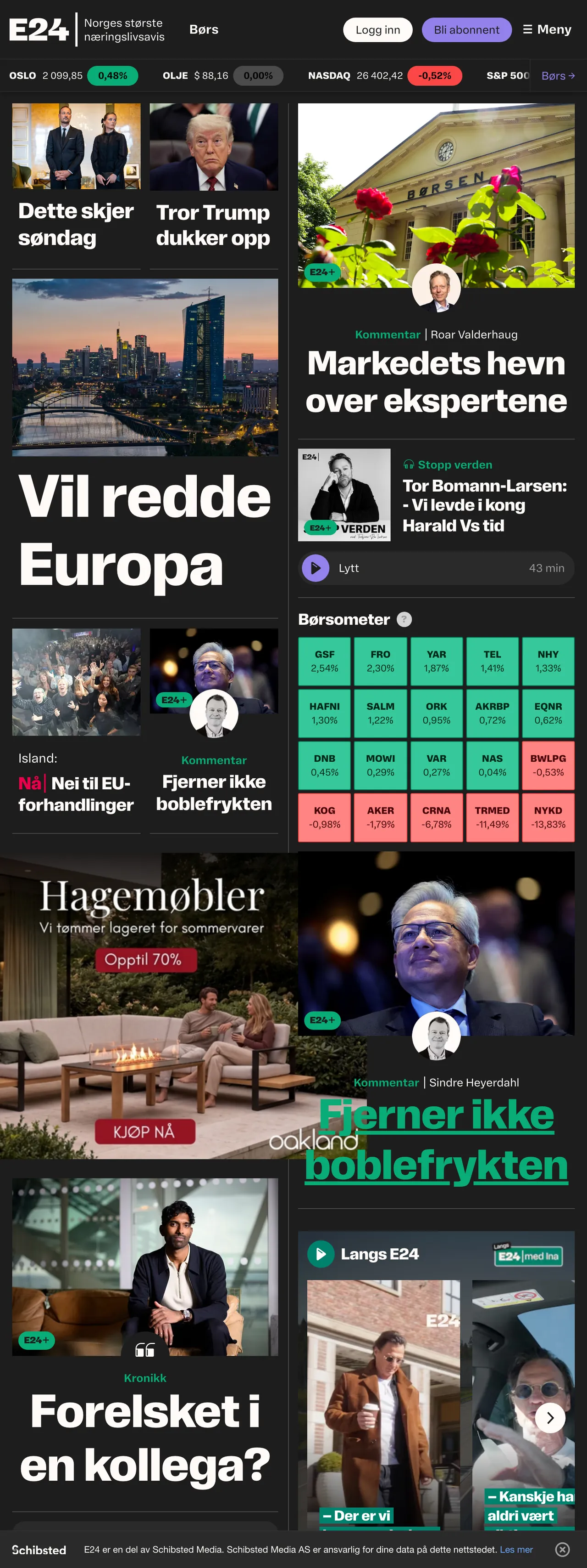 Screenshot of the E24 front page