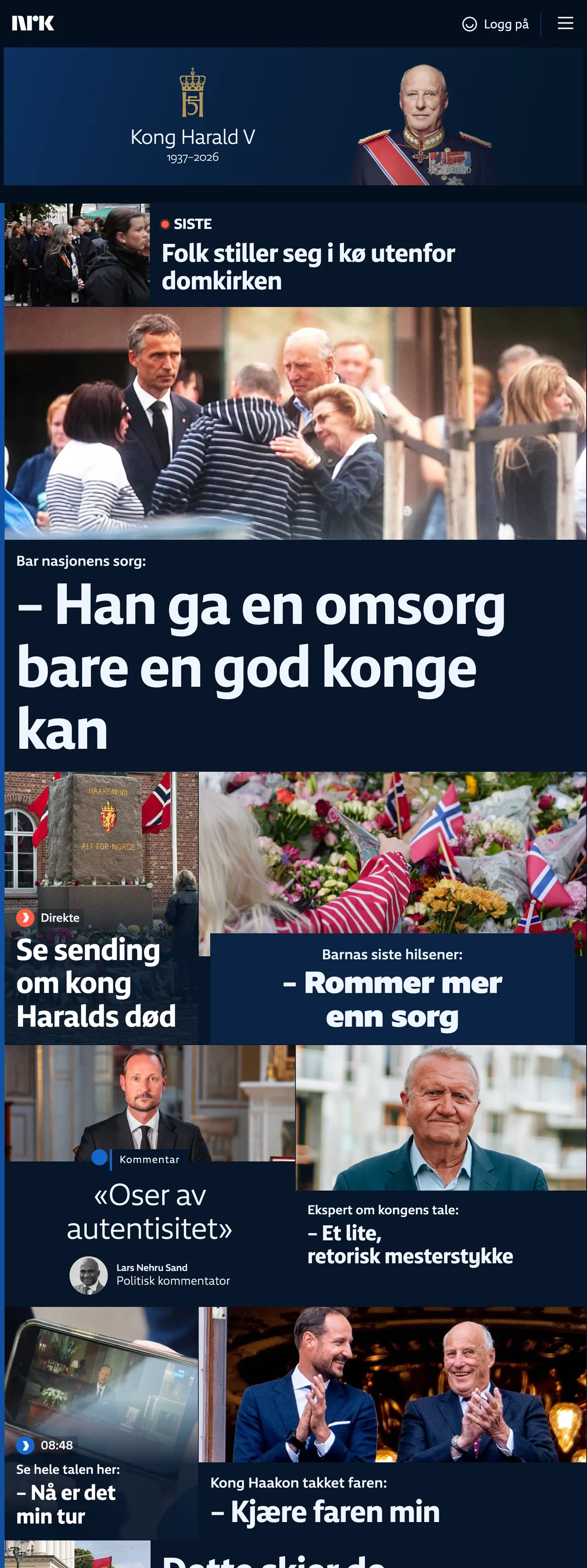 Screenshot of the NRK front page