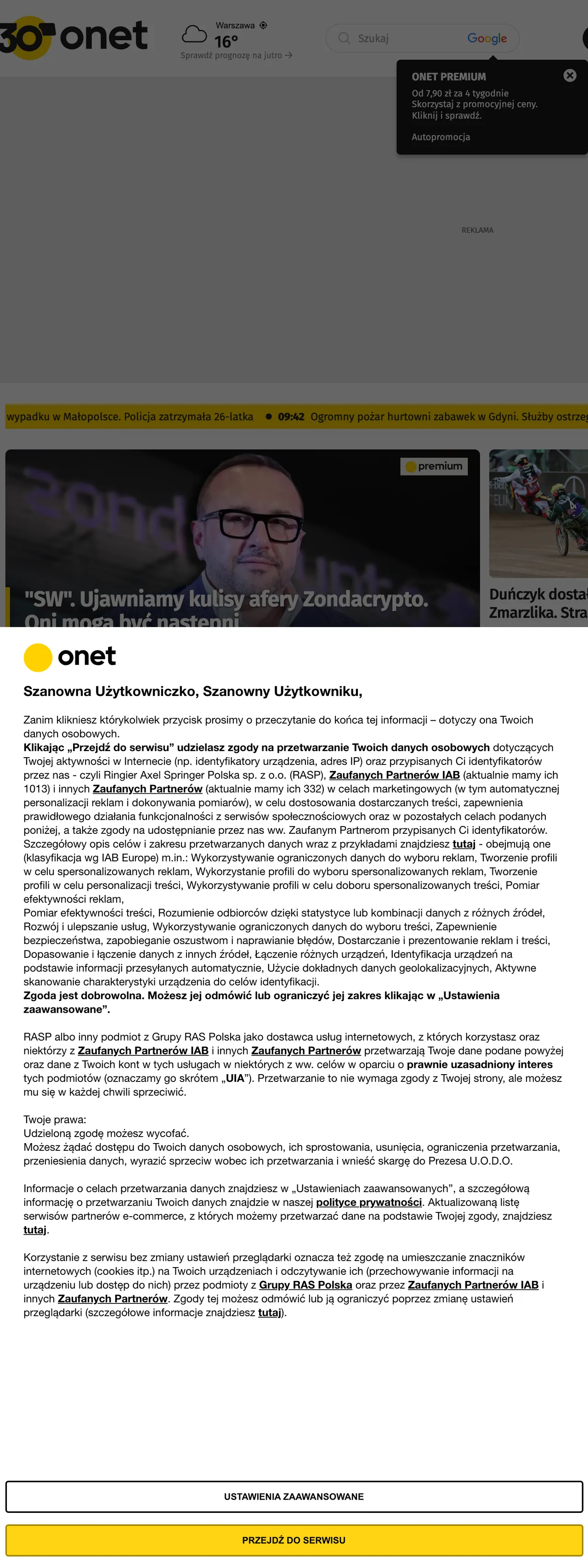 Screenshot of the Onet front page