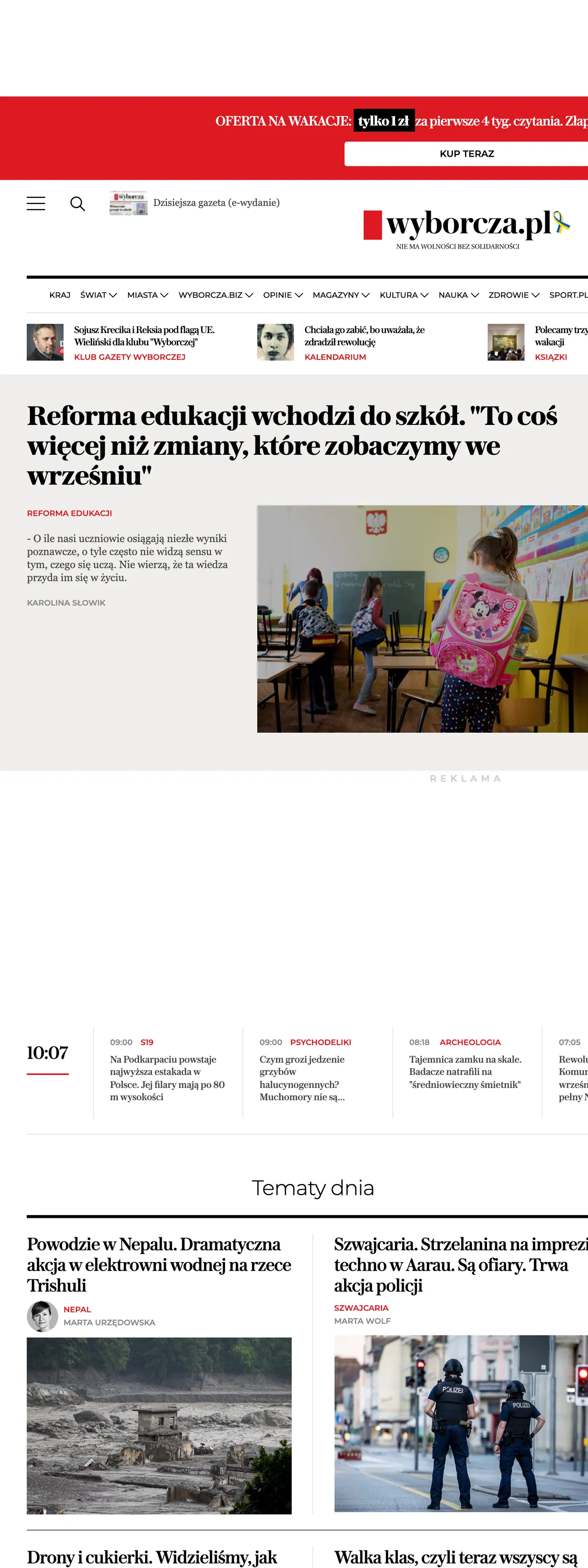 Screenshot of the Wyborcza front page