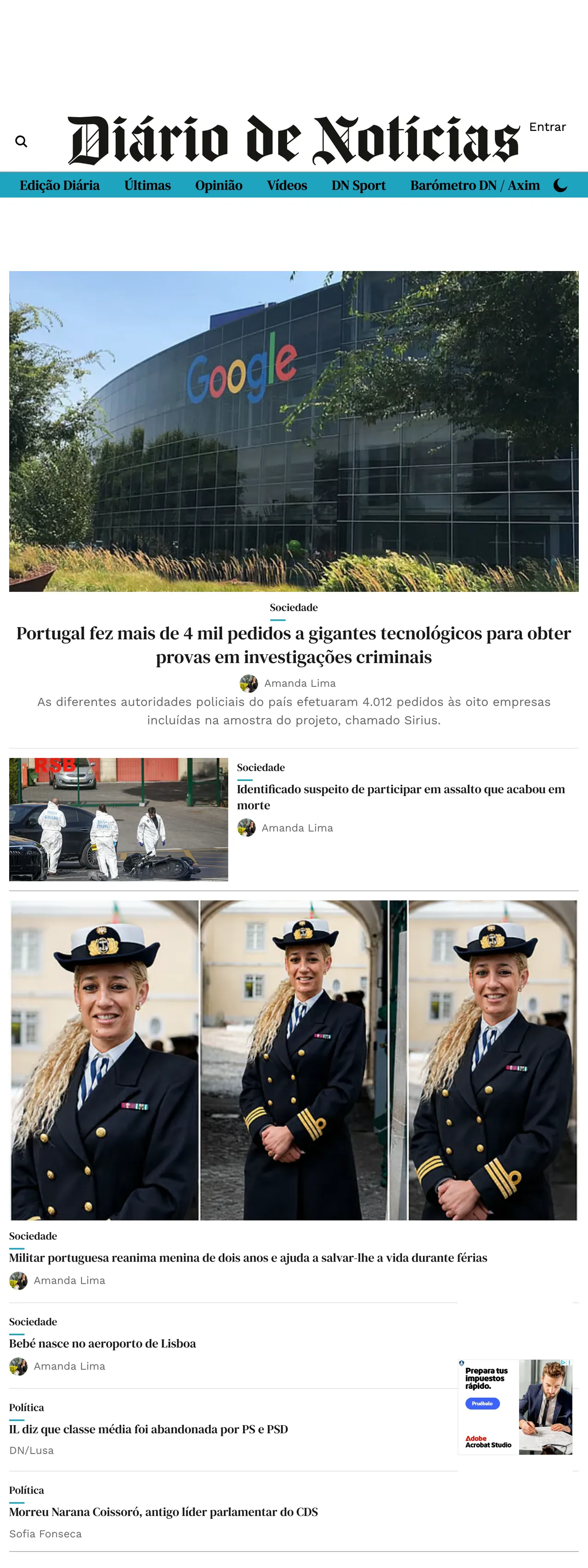 Screenshot of the Diário de Notícias front page