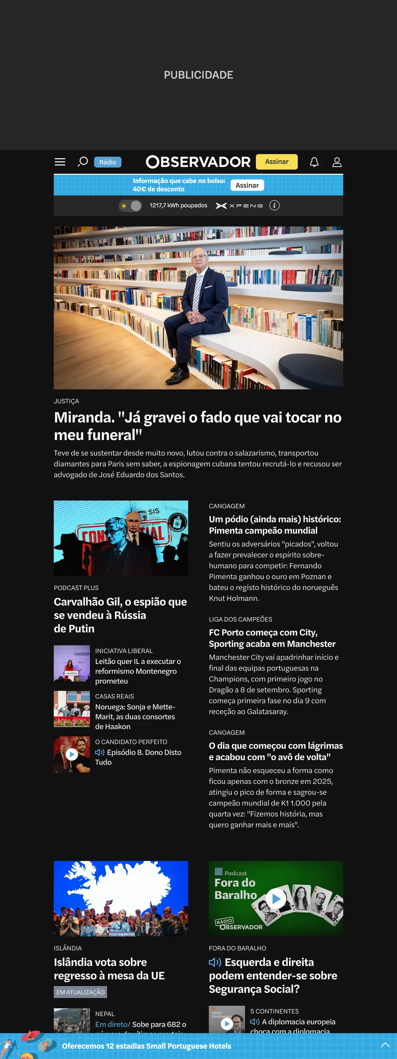 Screenshot of the Observador front page