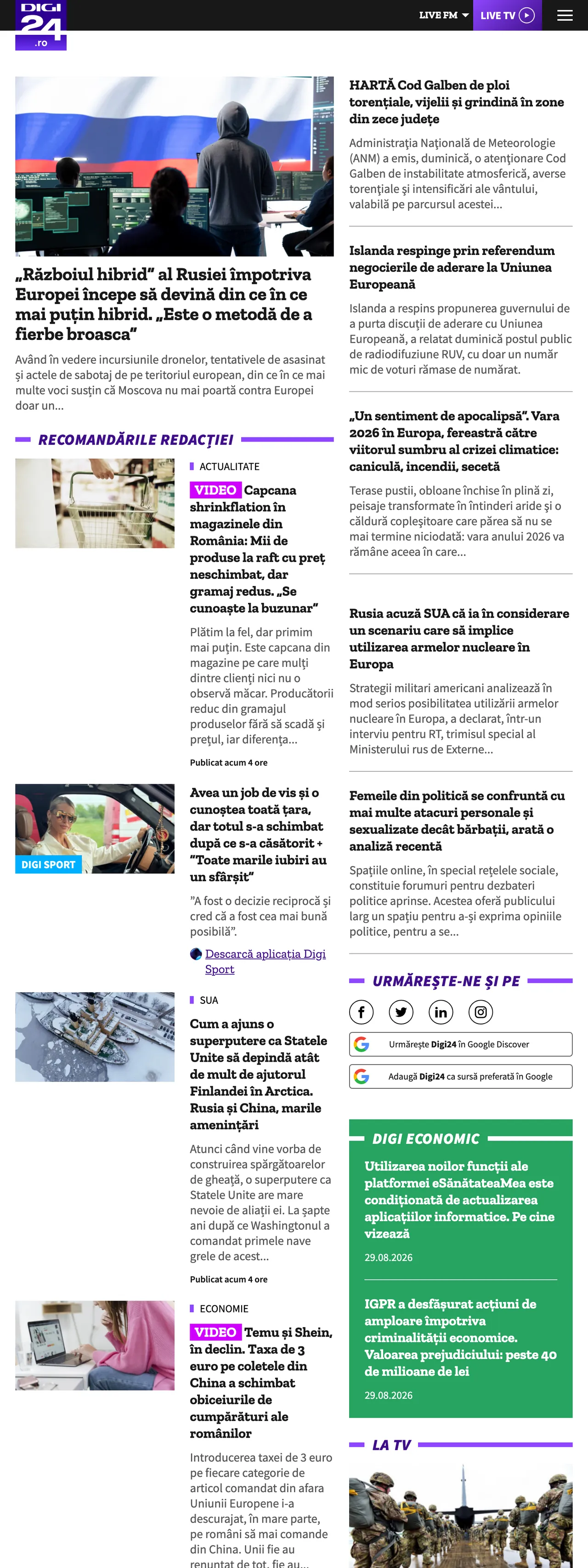 Screenshot of the Digi24 front page