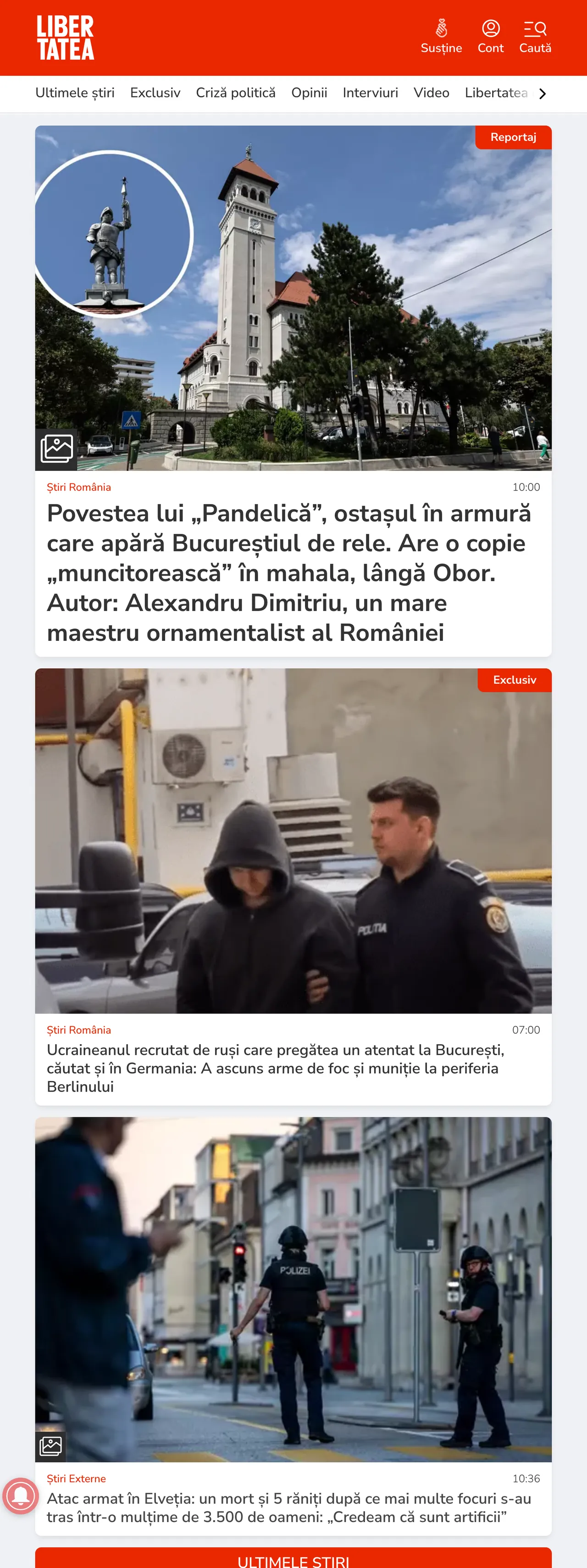 Screenshot of the Libertatea front page
