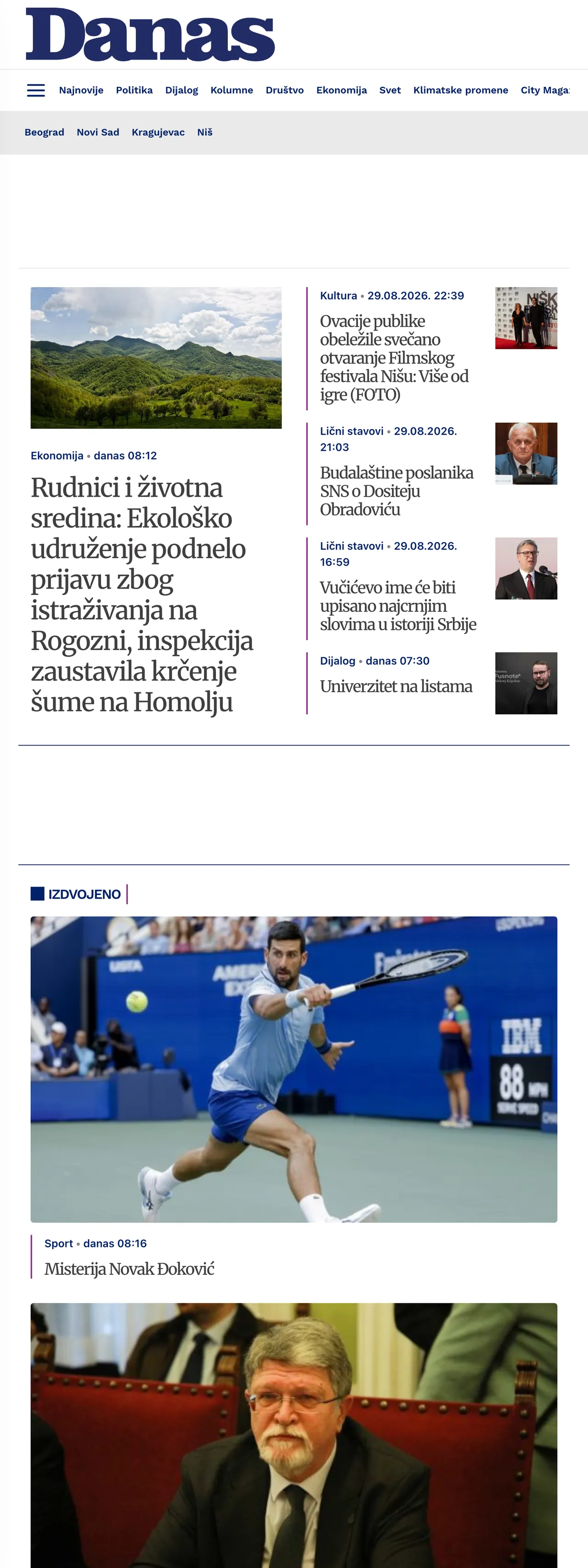 Screenshot of the Danas front page