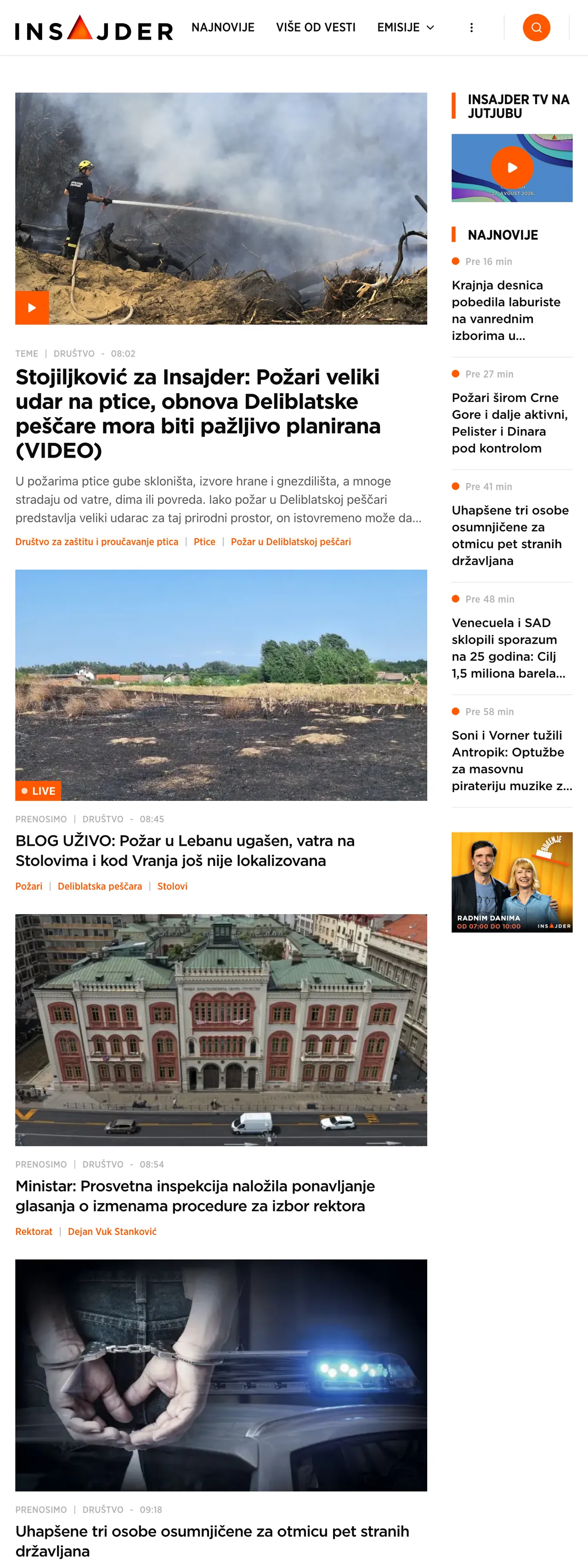 Screenshot of the Insajder front page