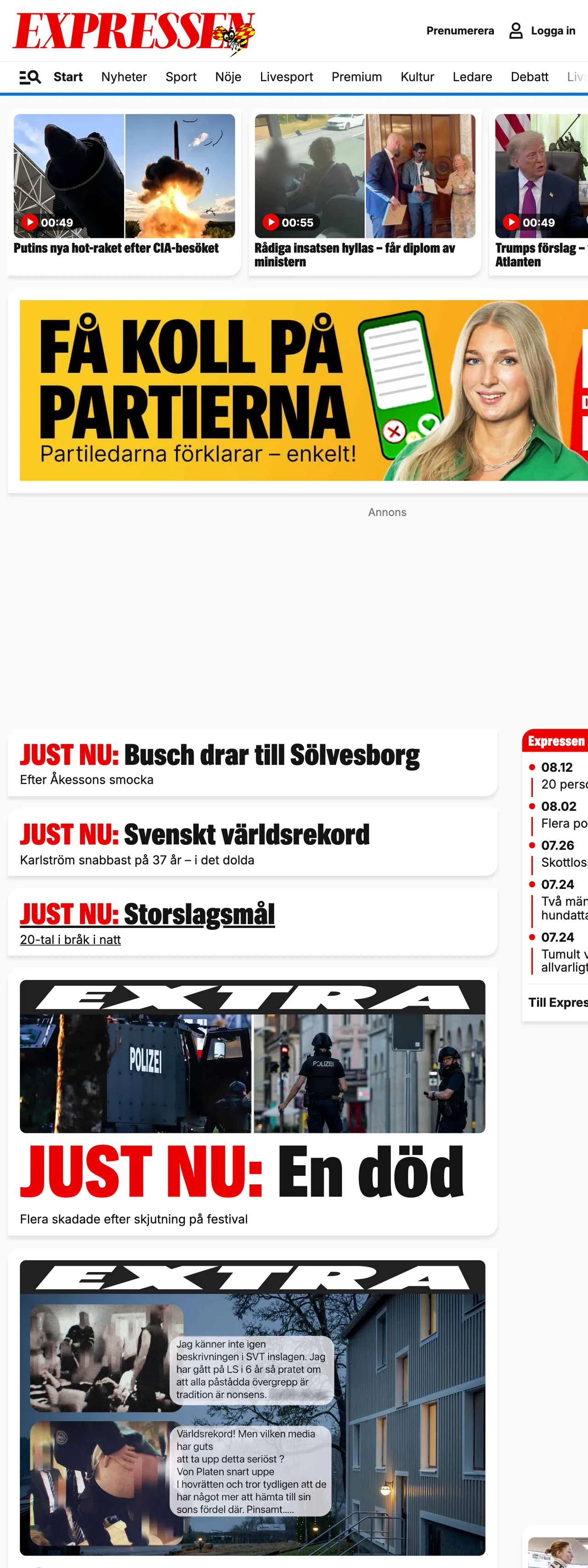 Screenshot of the Expressen front page