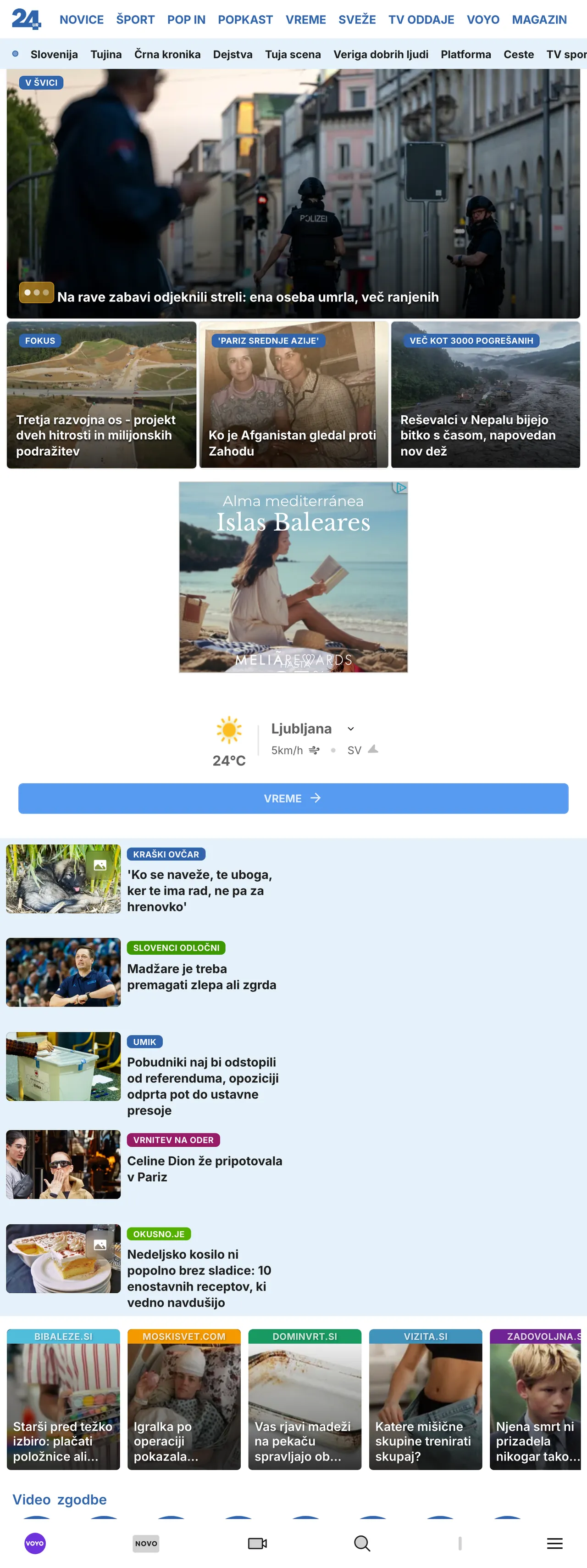 Screenshot of the 24ur front page