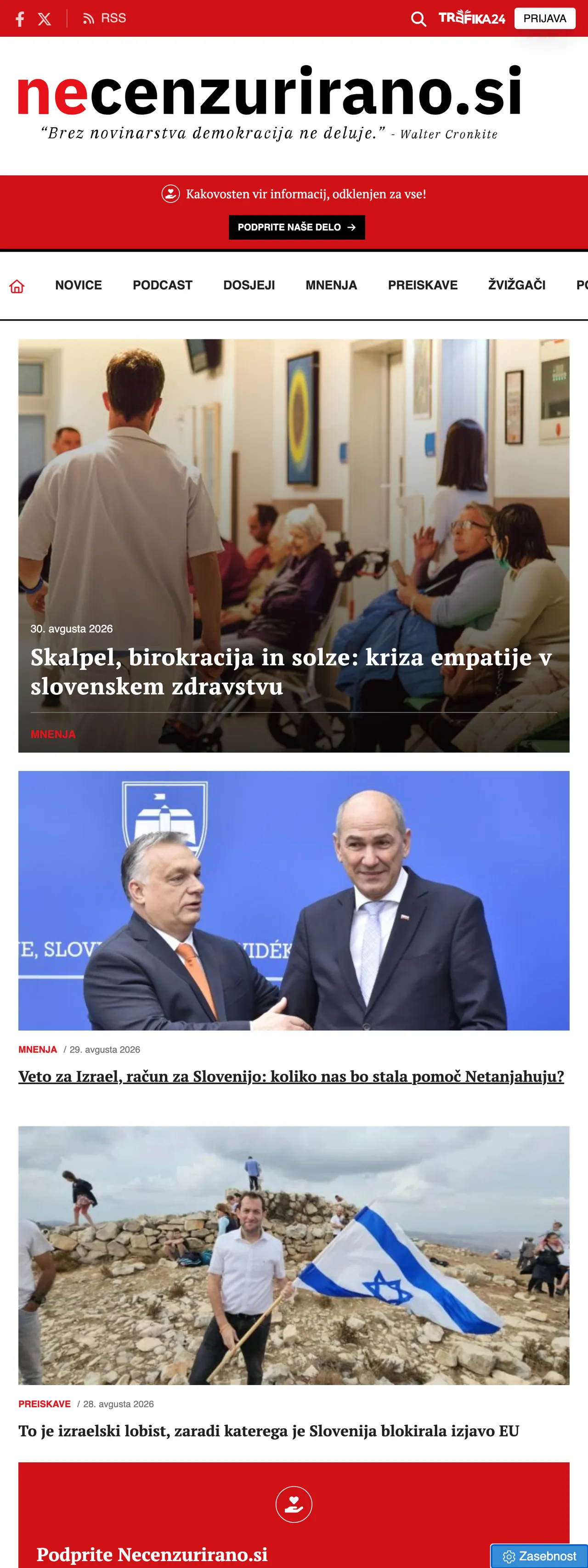 Screenshot of the Necenzurirano front page