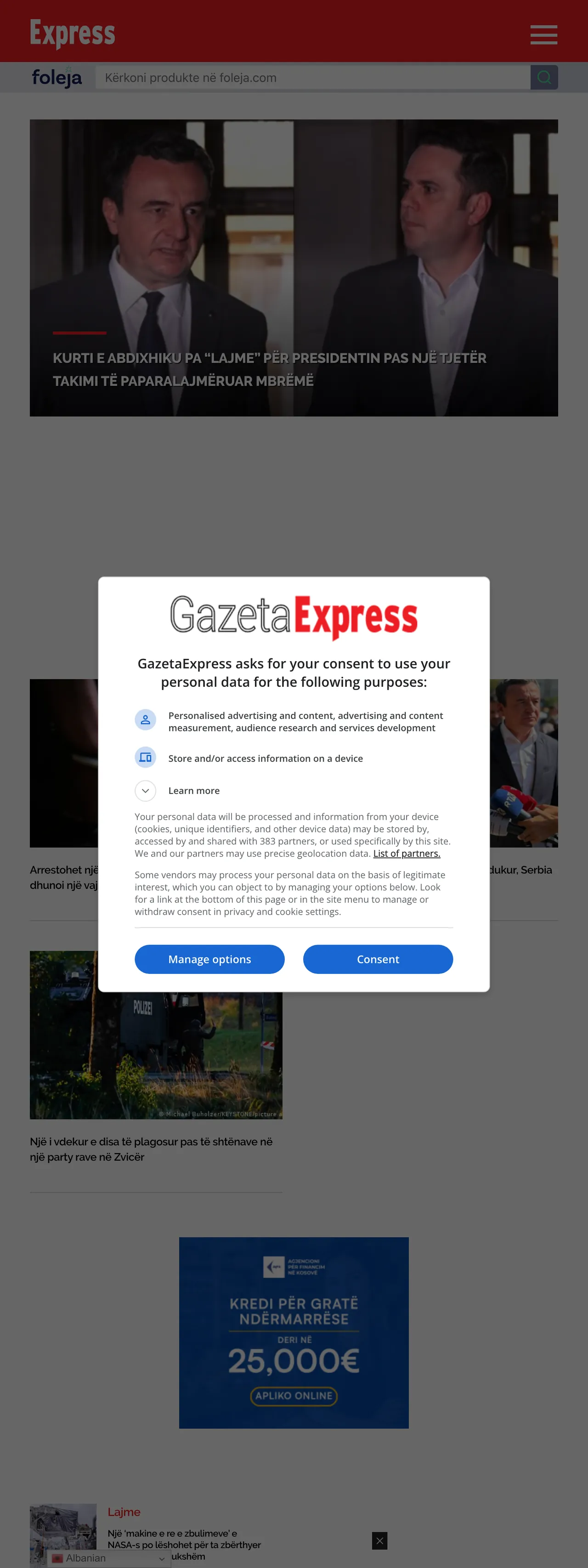 Screenshot of the Gazeta Express front page