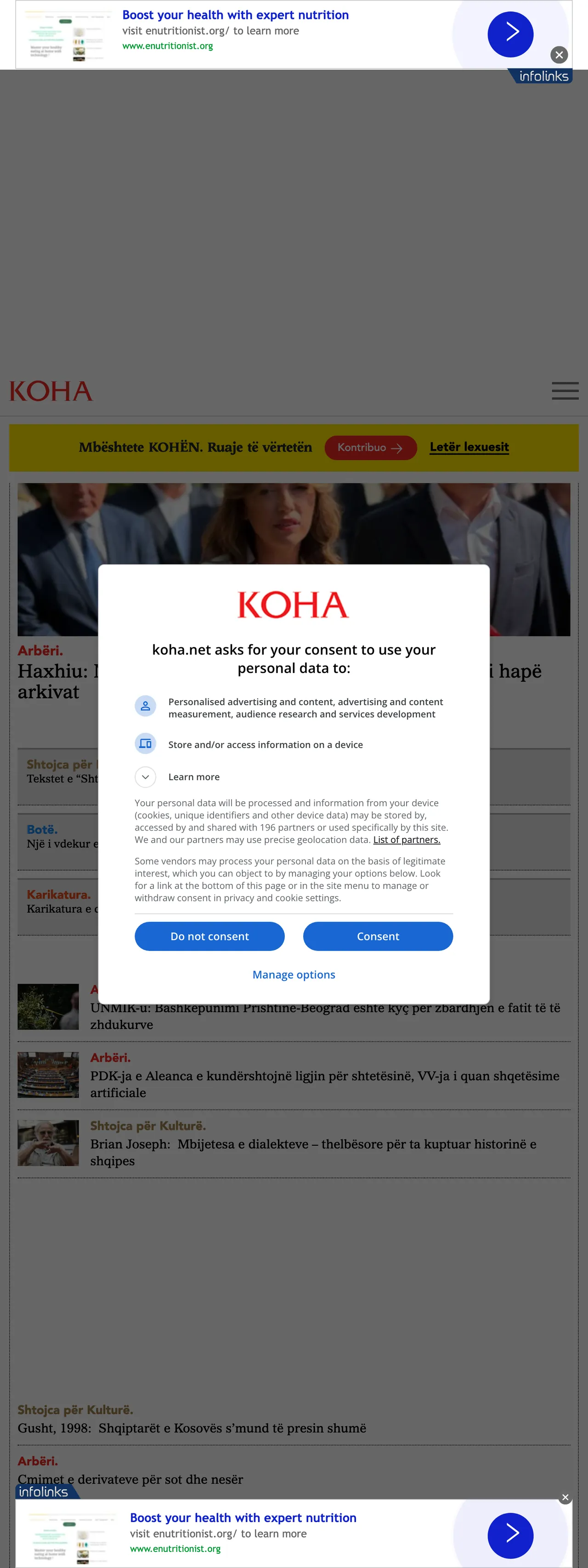 Screenshot of the Koha Ditore front page
