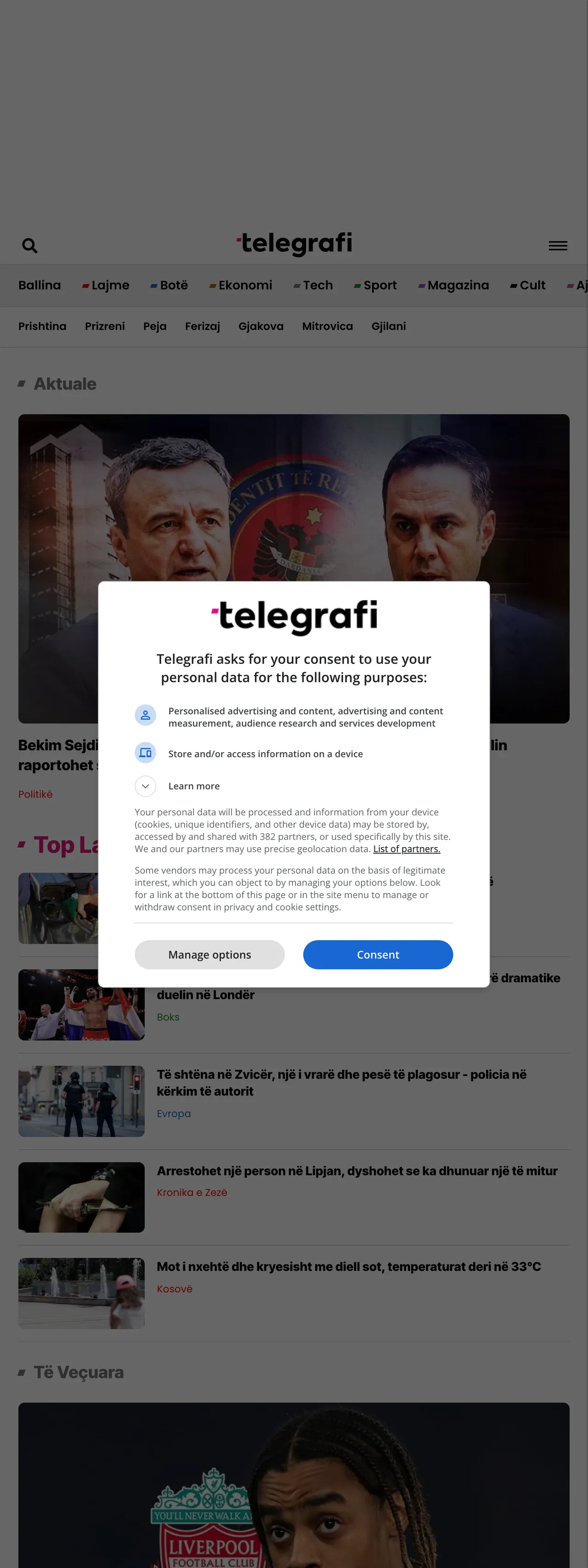 Screenshot of the Telegrafi front page